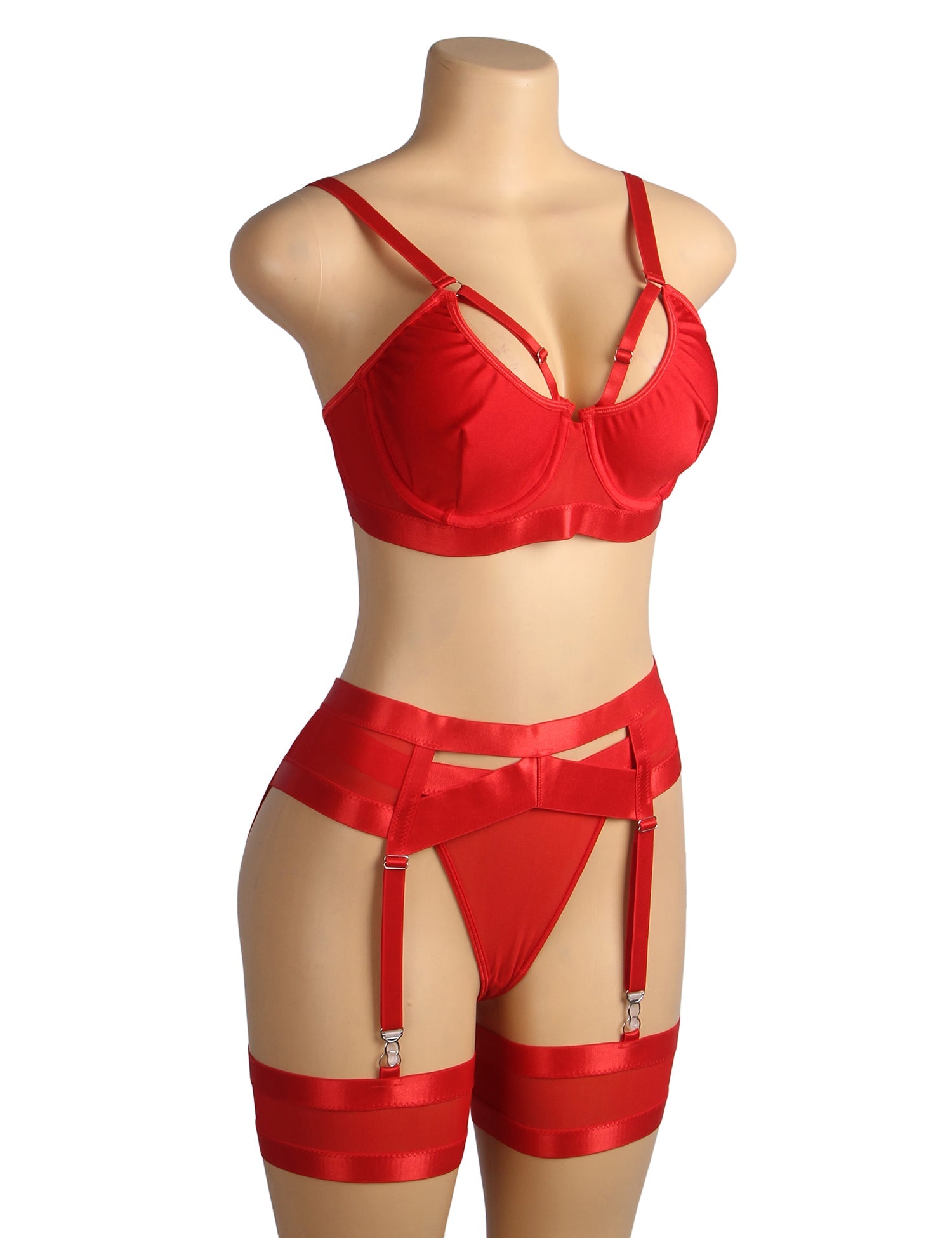 Red Bra & Garter Set – Underwire, Four Suspenders & Detachable Leg Rings - TeaseFashion
