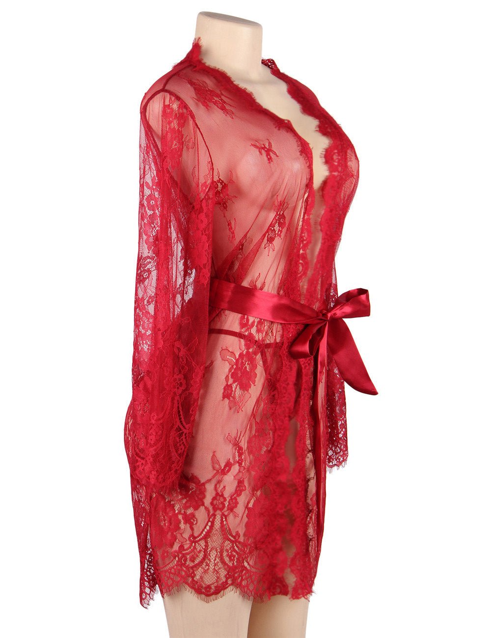 Red Eyelash Lace Babydoll – Wide Sleeves, Button Placket, Satin Waistband & Thong Set - TeaseFashion