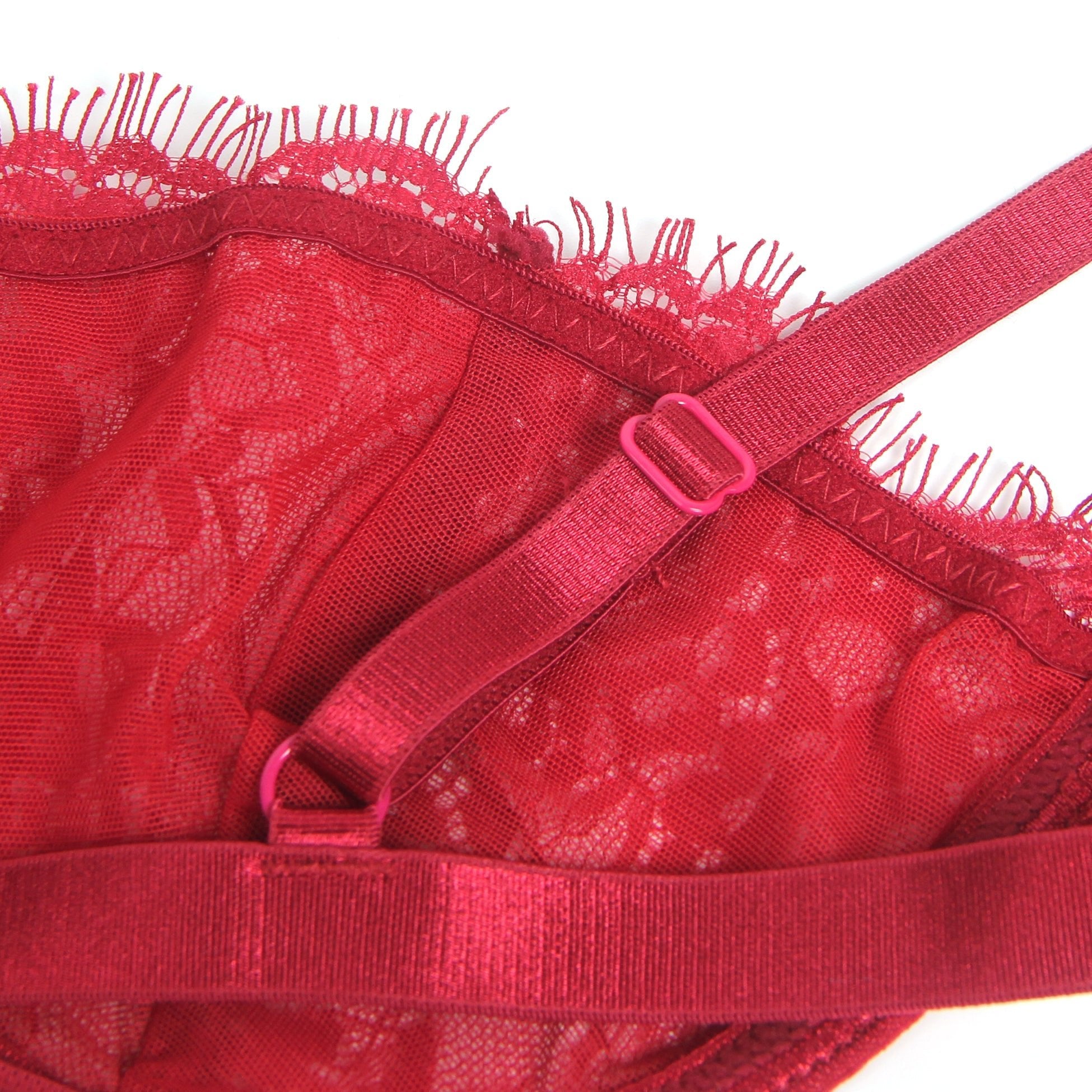 Red Eyelash Lace Bra Set with Underwire, Elastic Underbust Band & Adjustable Back Closure - TeaseFashion