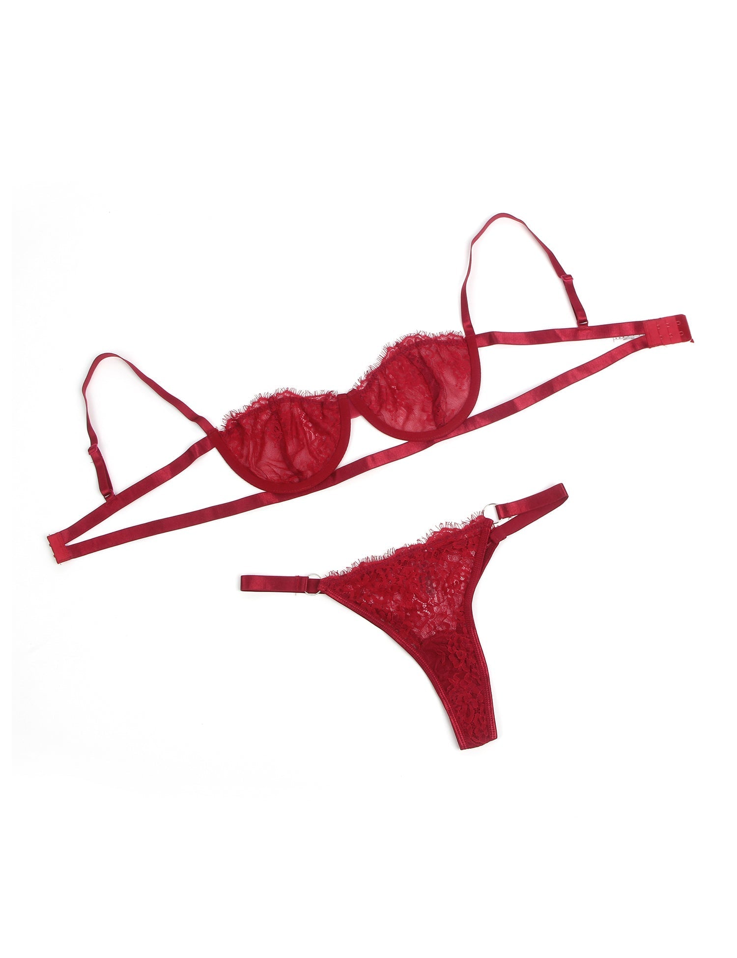 Red Eyelash Lace Bra Set with Underwire, Elastic Underbust Band & Adjustable Back Closure - TeaseFashion