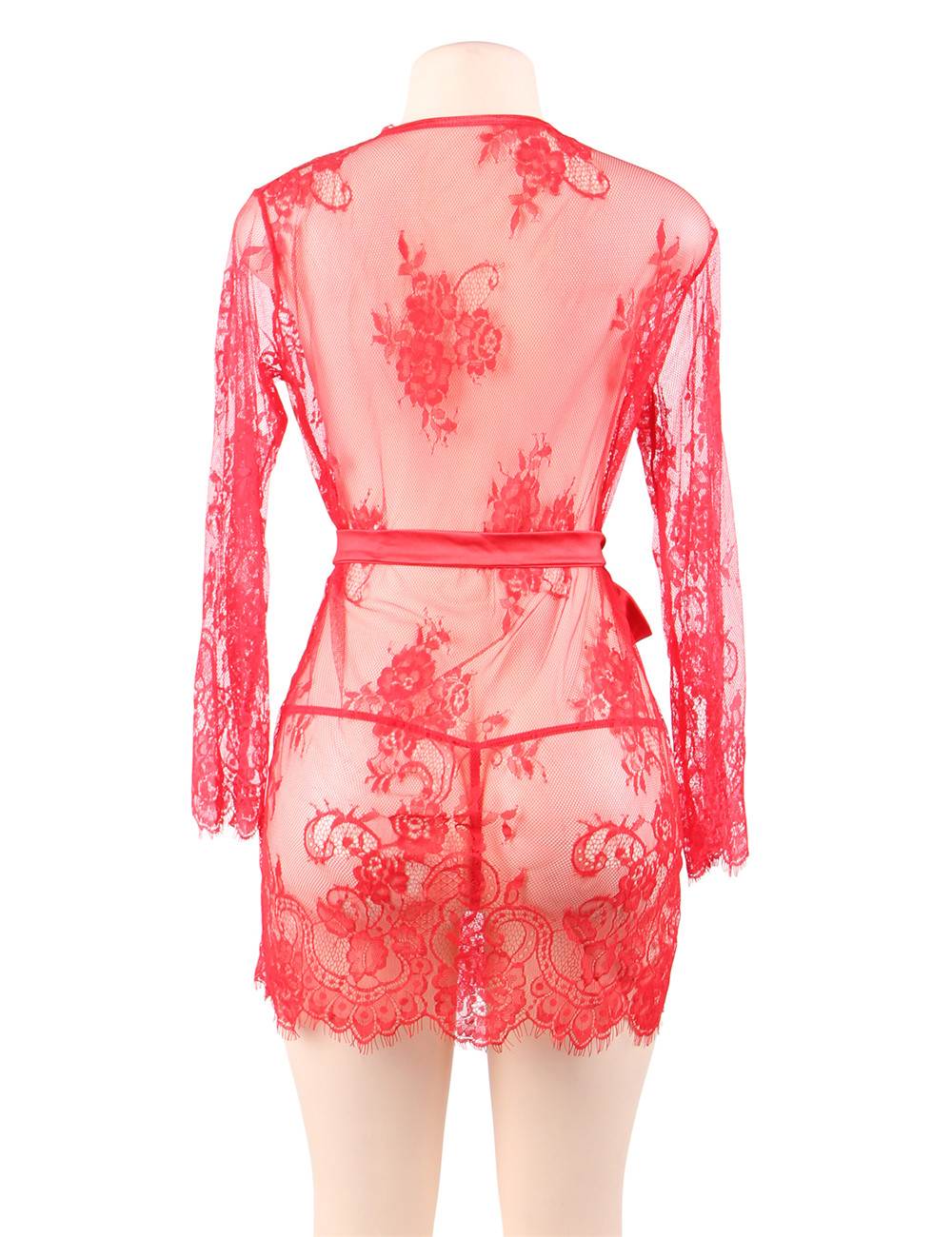 Red Eyelash Lace Long Sleeve Cardigan Robe – Raw Lace Trim, Silk - Like Waistband & Matching Thong - TeaseFashion