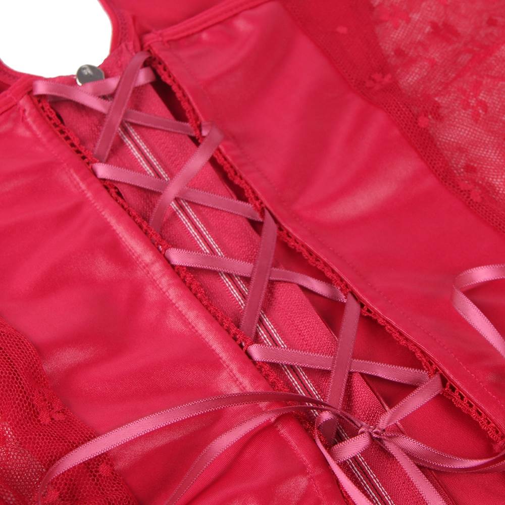 Red Faux Leather Halter Lingerie Set – Silver Zipper, Open Criss - Cross Back & Ruffled Lace Skirt - TeaseFashion