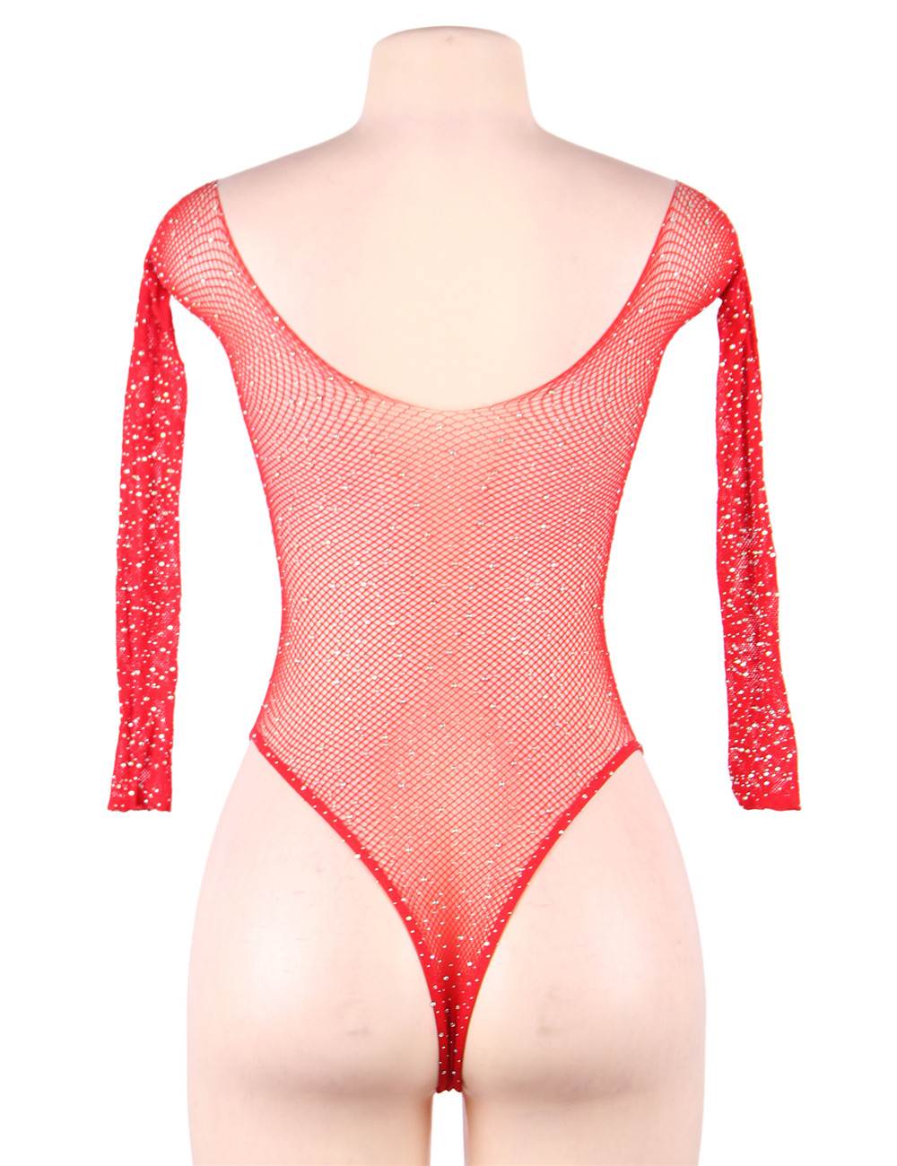 Red Fishnet Long - Sleeve Off - Shoulder Rhinestone Bodysuit - TeaseFashion