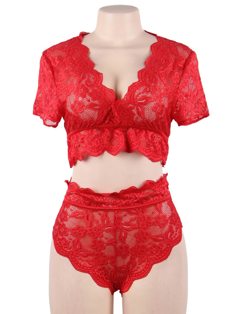 Red Glossy Lace Bra & High - Waist Panty Set – Deep V - Neck Crop Top - TeaseFashion