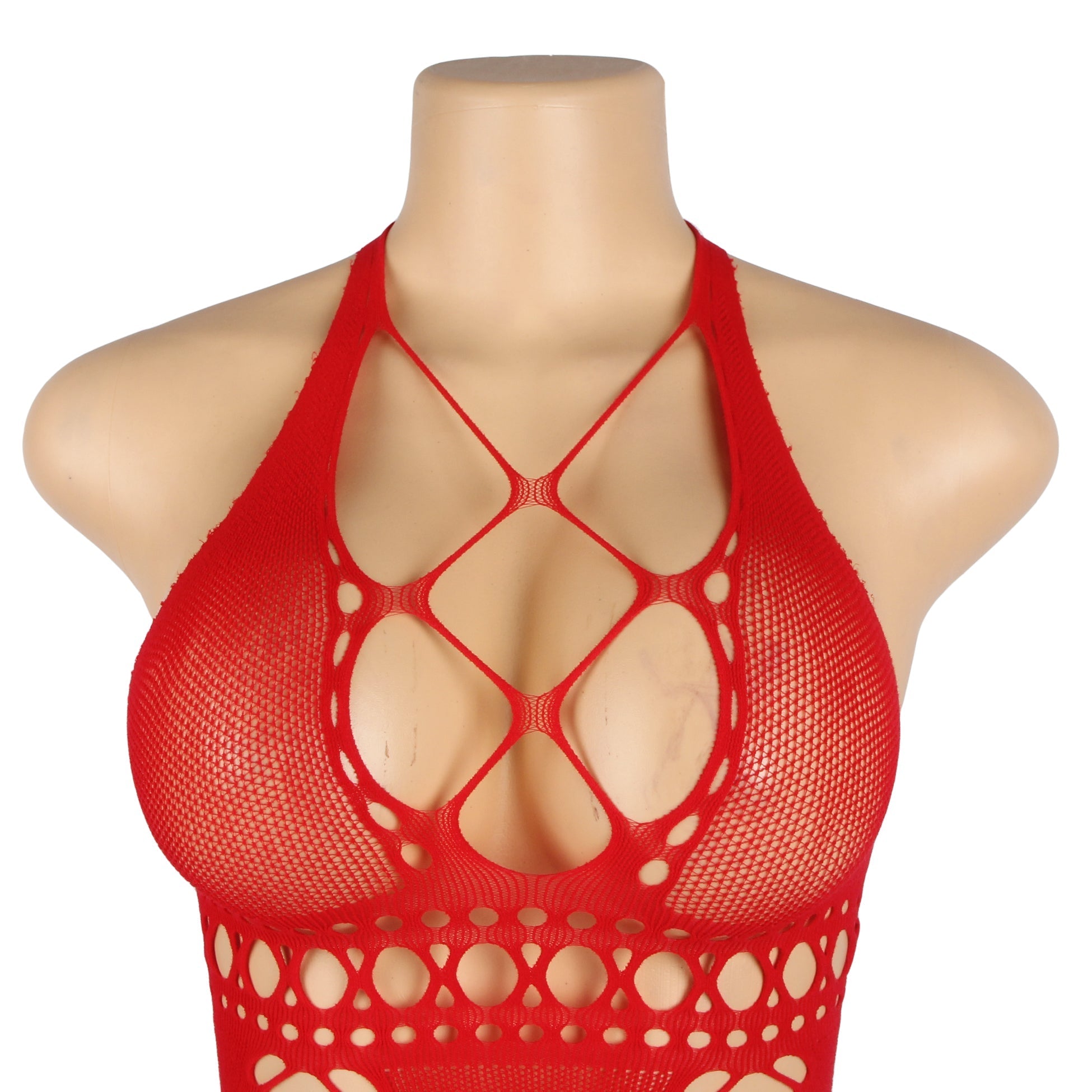 Red Halter - Neck Side - Mesh Bodysuit - TeaseFashion