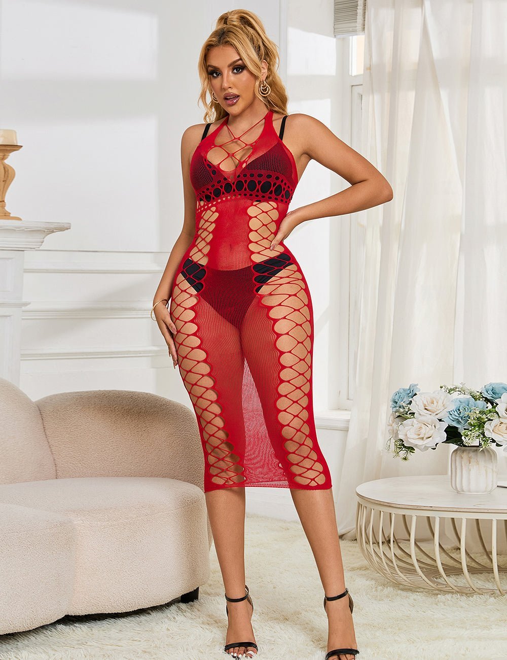 Red Halter - Neck Side - Mesh Bodysuit - TeaseFashion