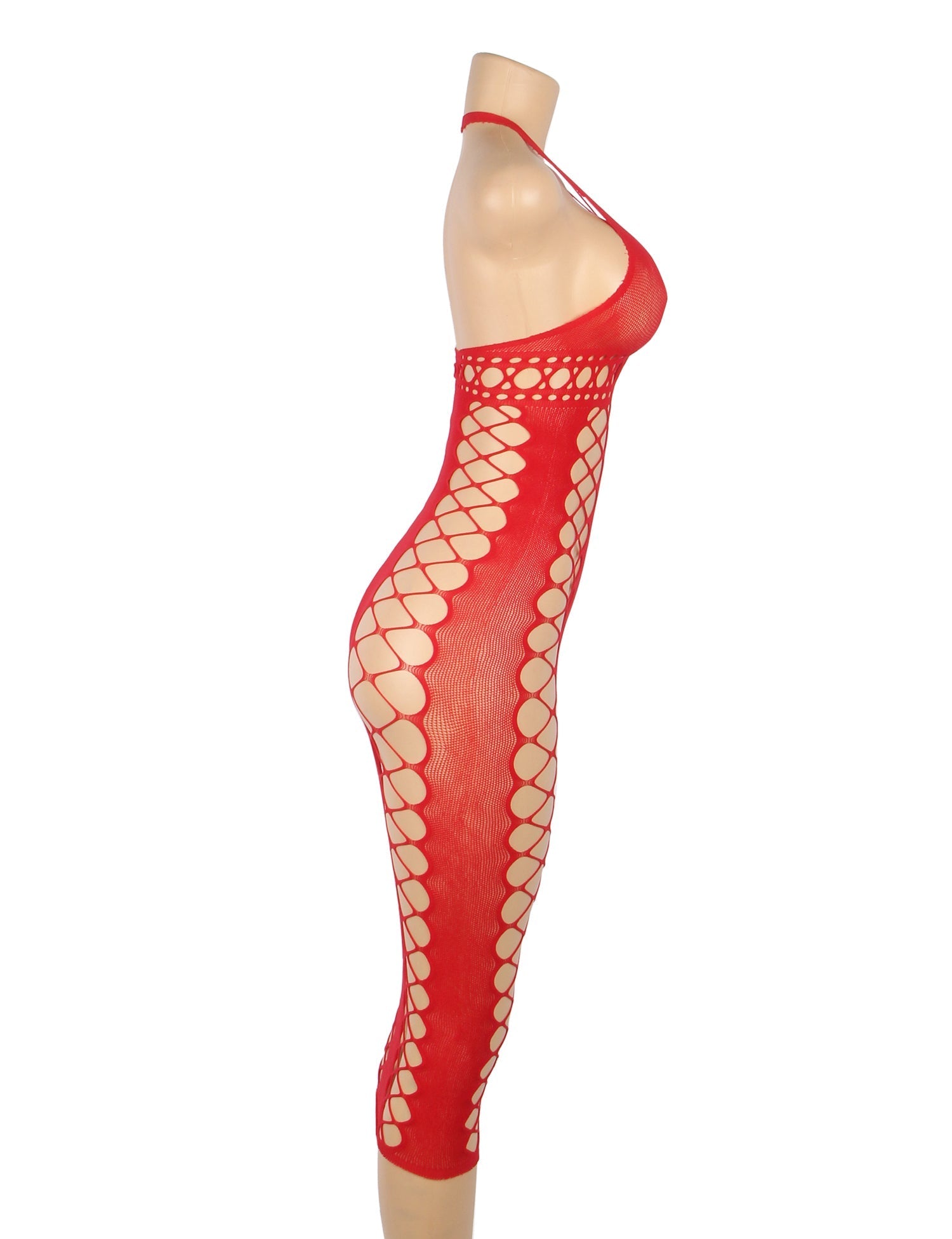 Red Halter - Neck Side - Mesh Bodysuit - TeaseFashion