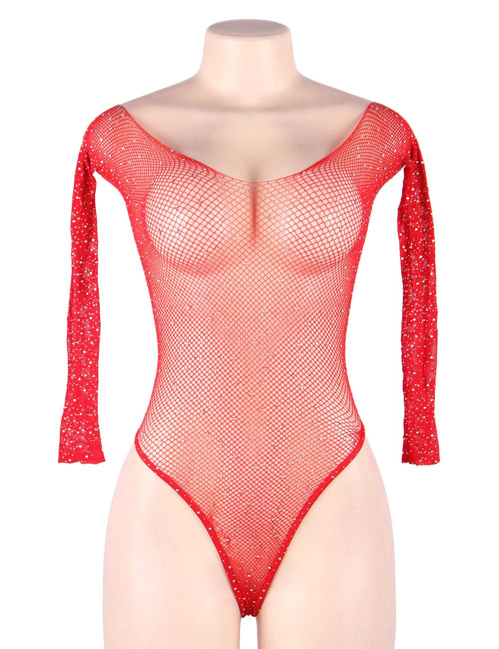 Red Jacquard Silk Thread Long - Sleeve Full - Body Bodysuit – Round Collar & Rhinestone Embellishments - TeaseFashion