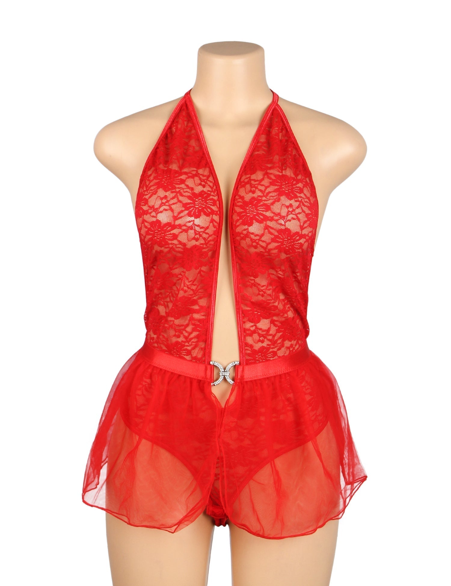 Red Lace Halter Bodysuit & Mesh Mini Skirt Set – Deep V & Open Back - TeaseFashion