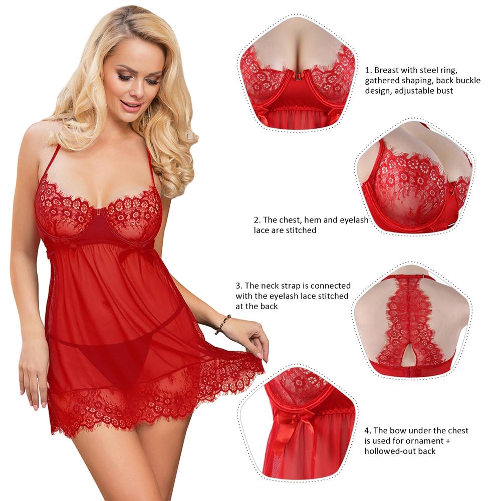 Red Lace & Mesh Halter Babydoll – Steel Ring Bust, Lace Back, Bow Detail, Back Cut - Out & Adjustable Closure - TeaseFashion