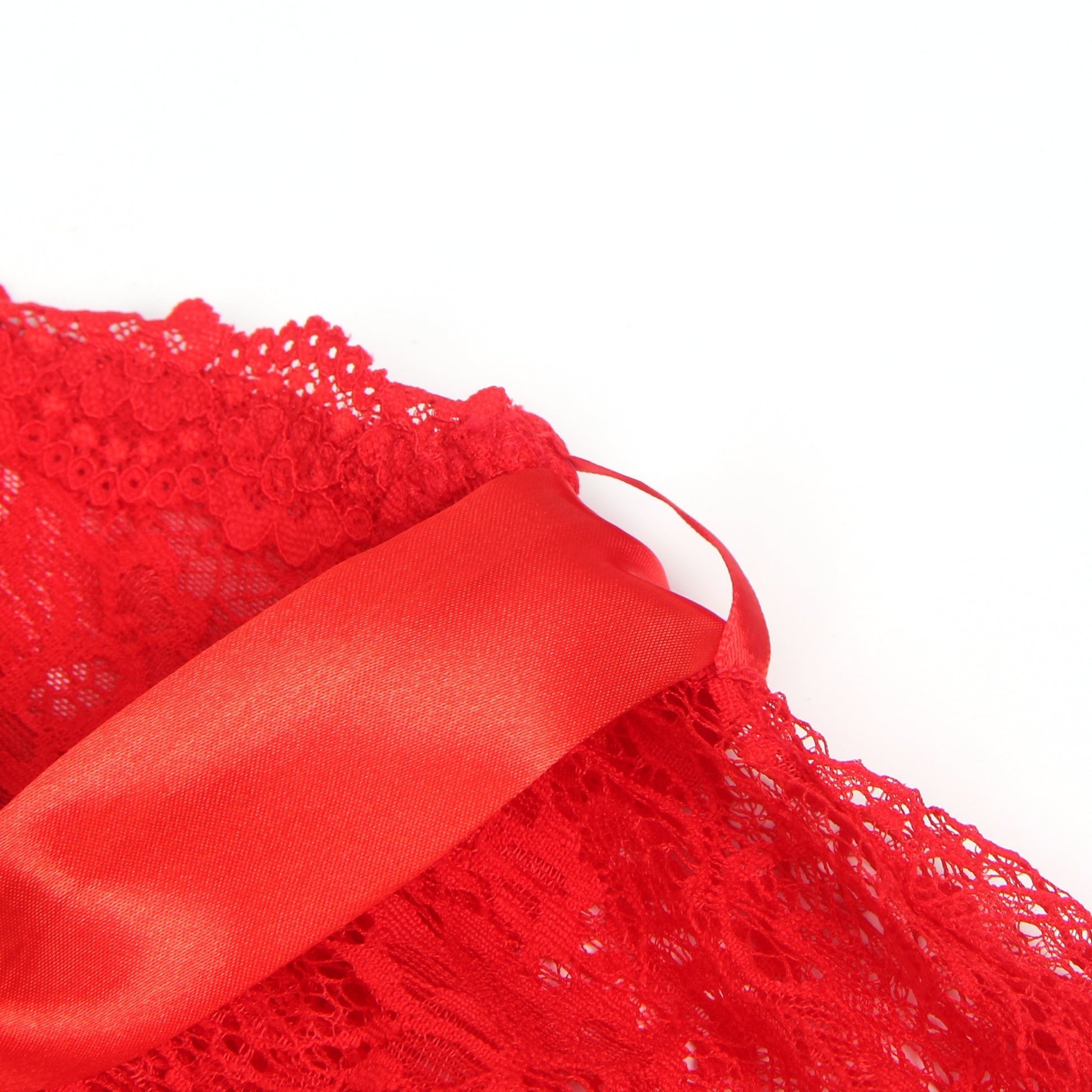 Red Lace Mesh Nightgown – Deep V Halter, Front Slit & Ribbon Detail - TeaseFashion