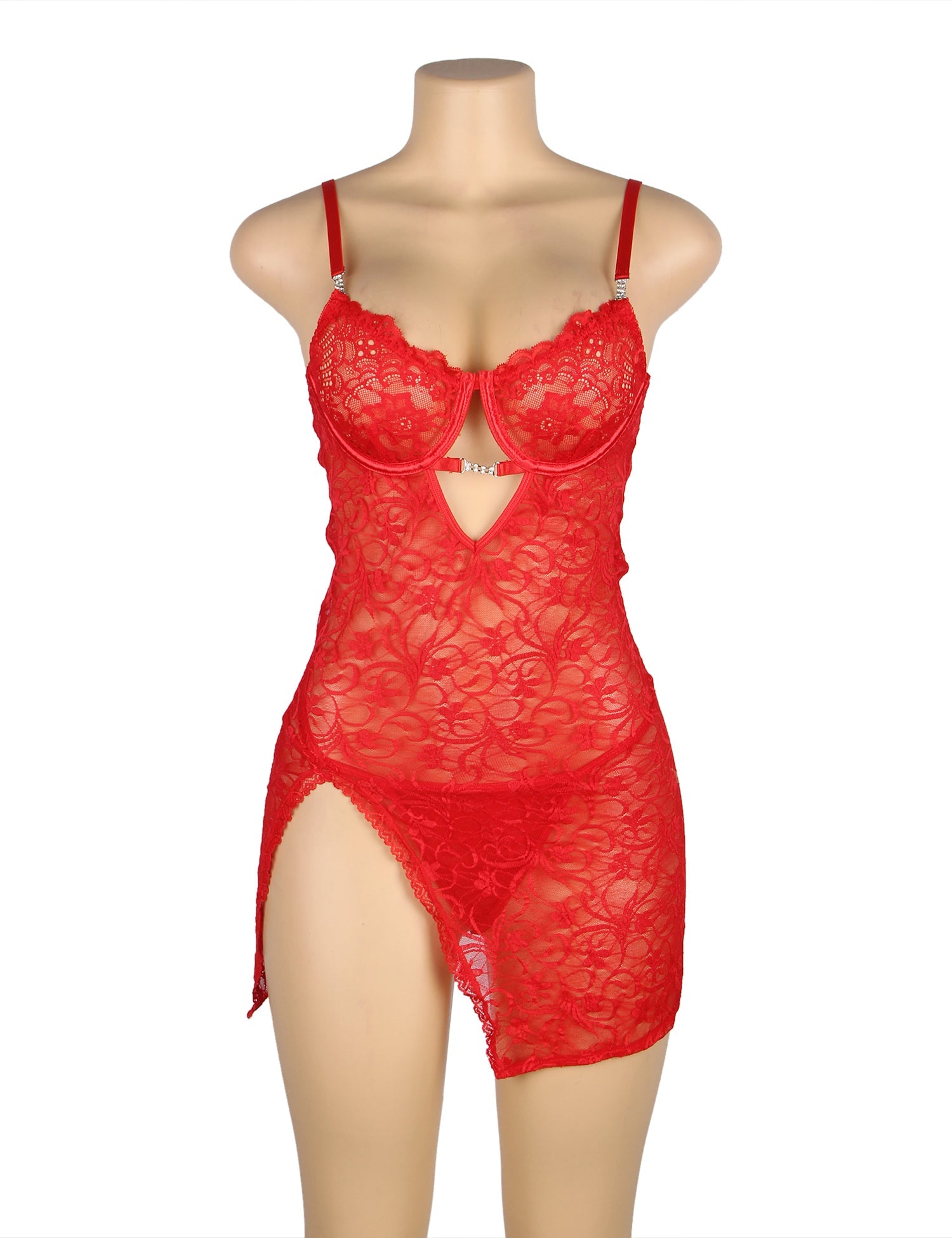 Red Lace Underwired Babydoll with Heart - Lace Side Slit & Adjustable Back Closure - TeaseFashion