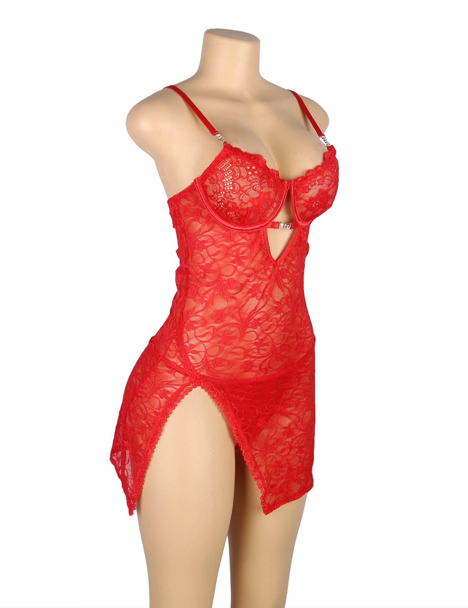 Red Lace Underwired Babydoll with Heart - Lace Side Slit & Adjustable Back Closure - TeaseFashion