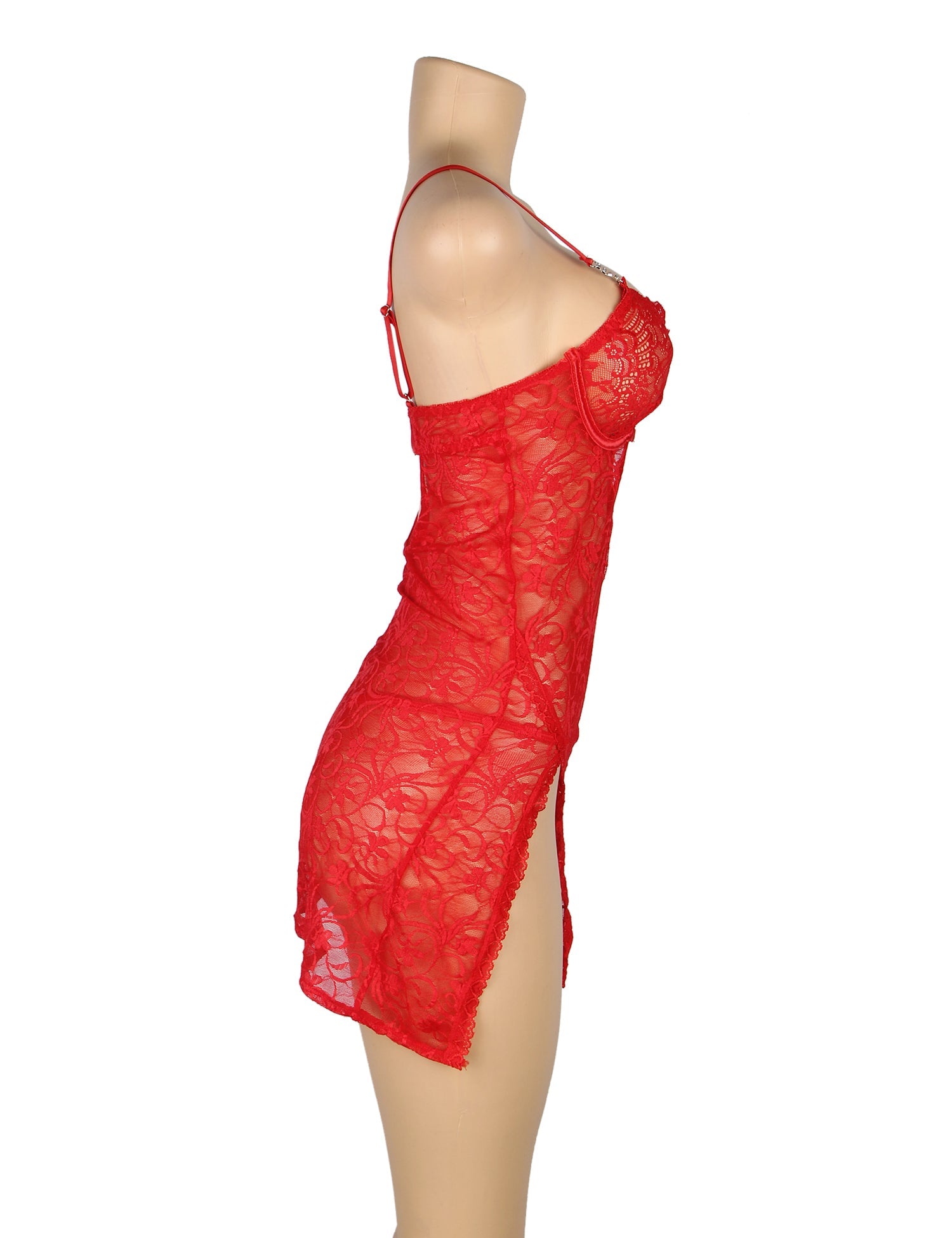 Red Lace Underwired Babydoll with Heart - Lace Side Slit & Adjustable Back Closure - TeaseFashion
