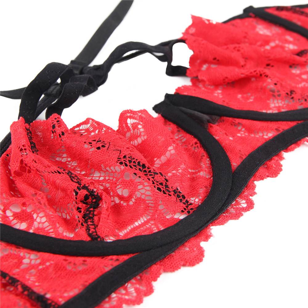 Red Lace Underwired Bra Set with Metal Buckle Elastic Straps & Hollow - Out Panty - TeaseFashion