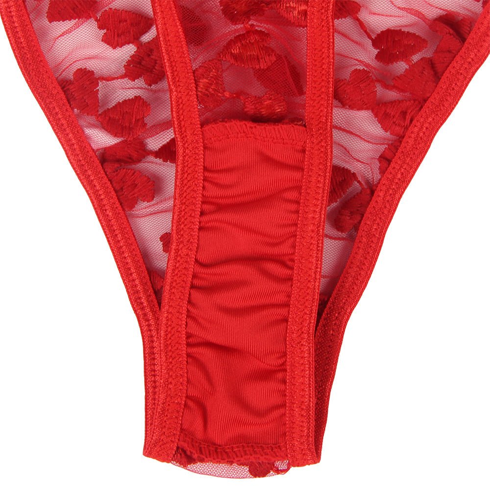 Red Mesh Floral Embroidery Bra Set – Decorative Bows & Underwire - TeaseFashion