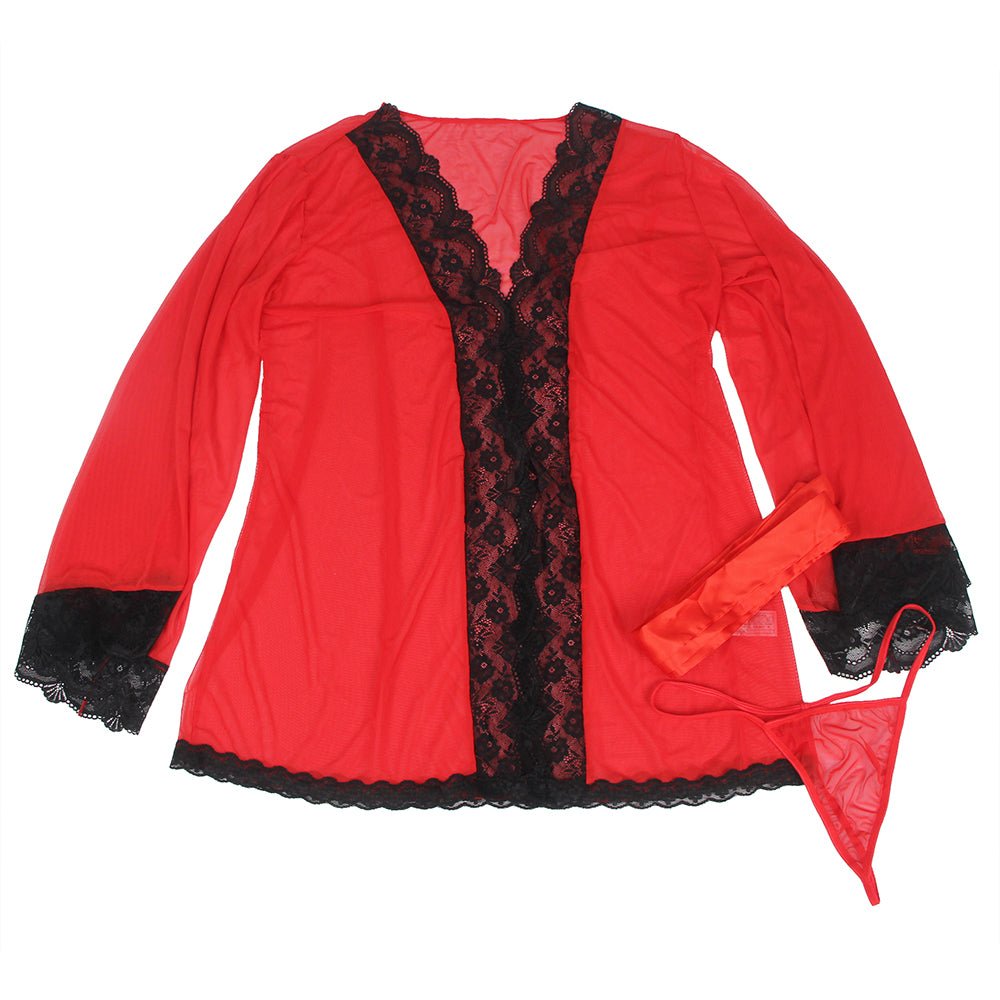 Red Mesh Open - Front Robe with Bell Sleeves, Lace Trim at Cuffs, Front & Hem, Faux Silk Belt & Thong Set - TeaseFashion