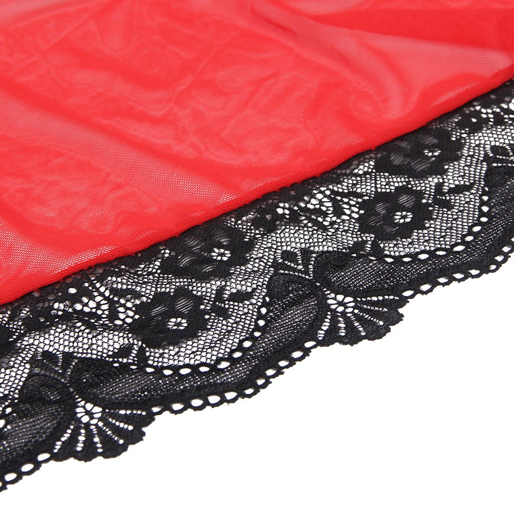 Red Mesh Open - Front Robe with Bell Sleeves, Lace Trim at Cuffs, Front & Hem, Faux Silk Belt & Thong Set - TeaseFashion