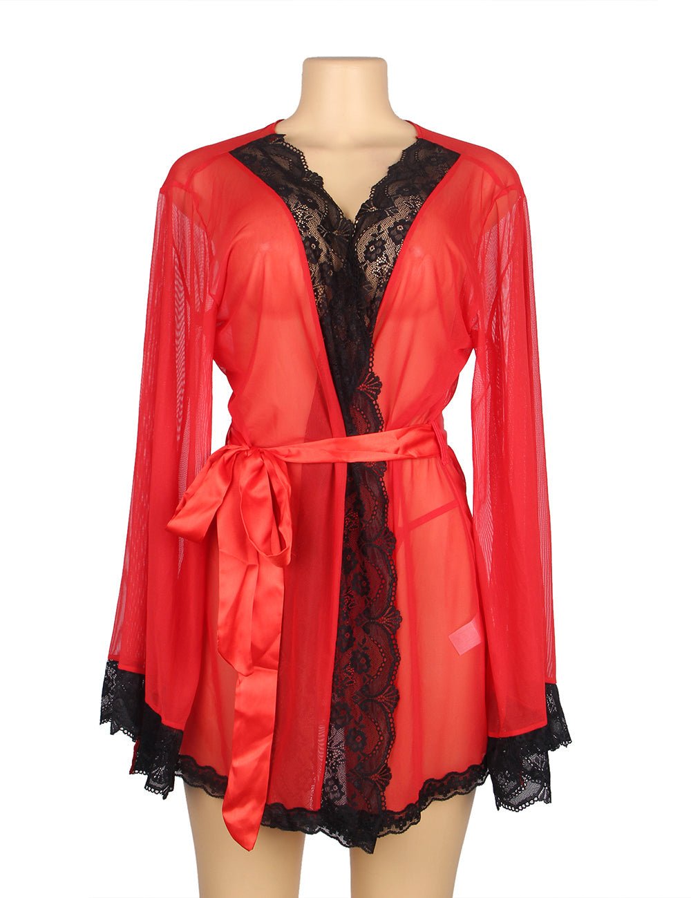 Red Mesh Open - Front Robe with Bell Sleeves, Lace Trim at Cuffs, Front & Hem, Faux Silk Belt & Thong Set - TeaseFashion