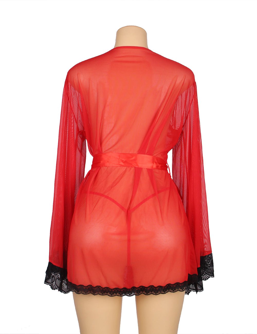 Red Mesh Open - Front Robe with Bell Sleeves, Lace Trim at Cuffs, Front & Hem, Faux Silk Belt & Thong Set - TeaseFashion