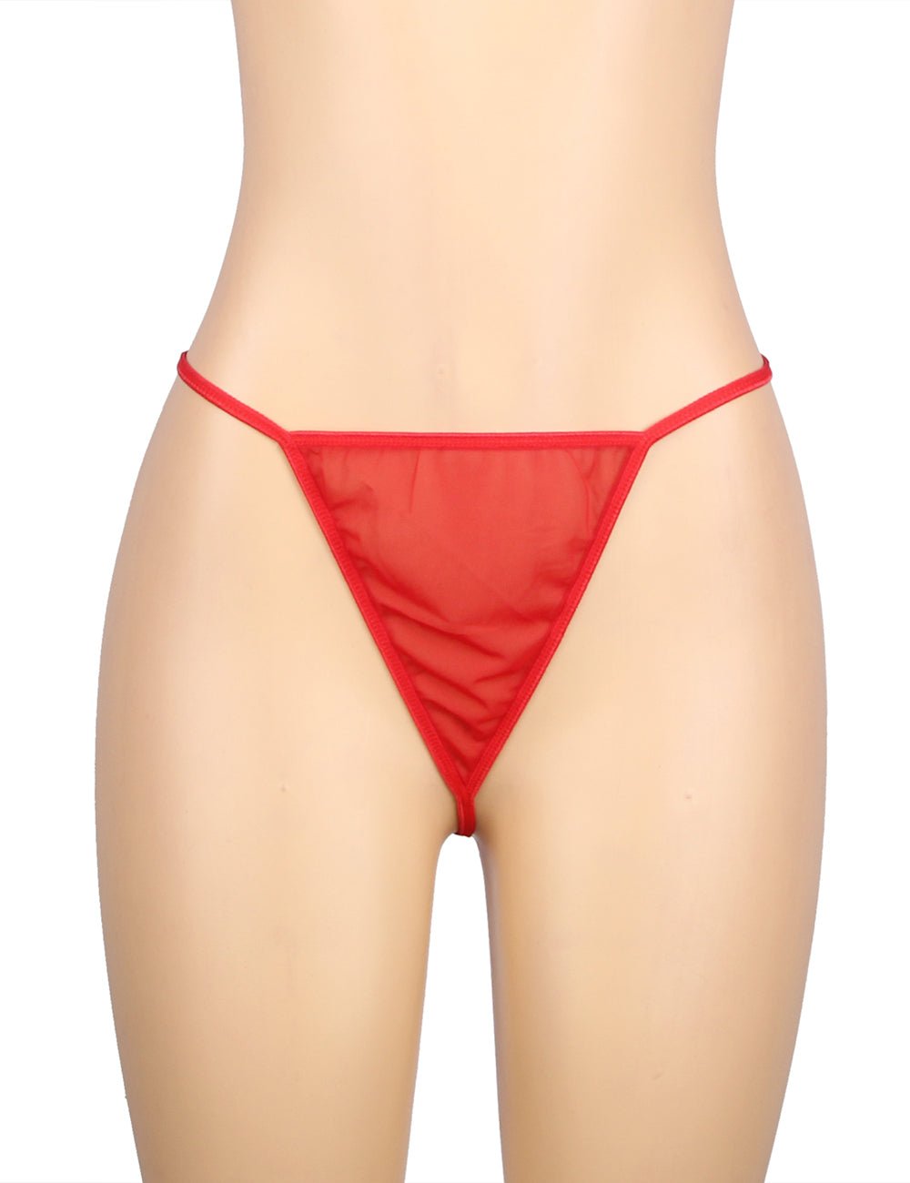Red Mesh Open - Front Robe with Bell Sleeves, Lace Trim at Cuffs, Front & Hem, Faux Silk Belt & Thong Set - TeaseFashion