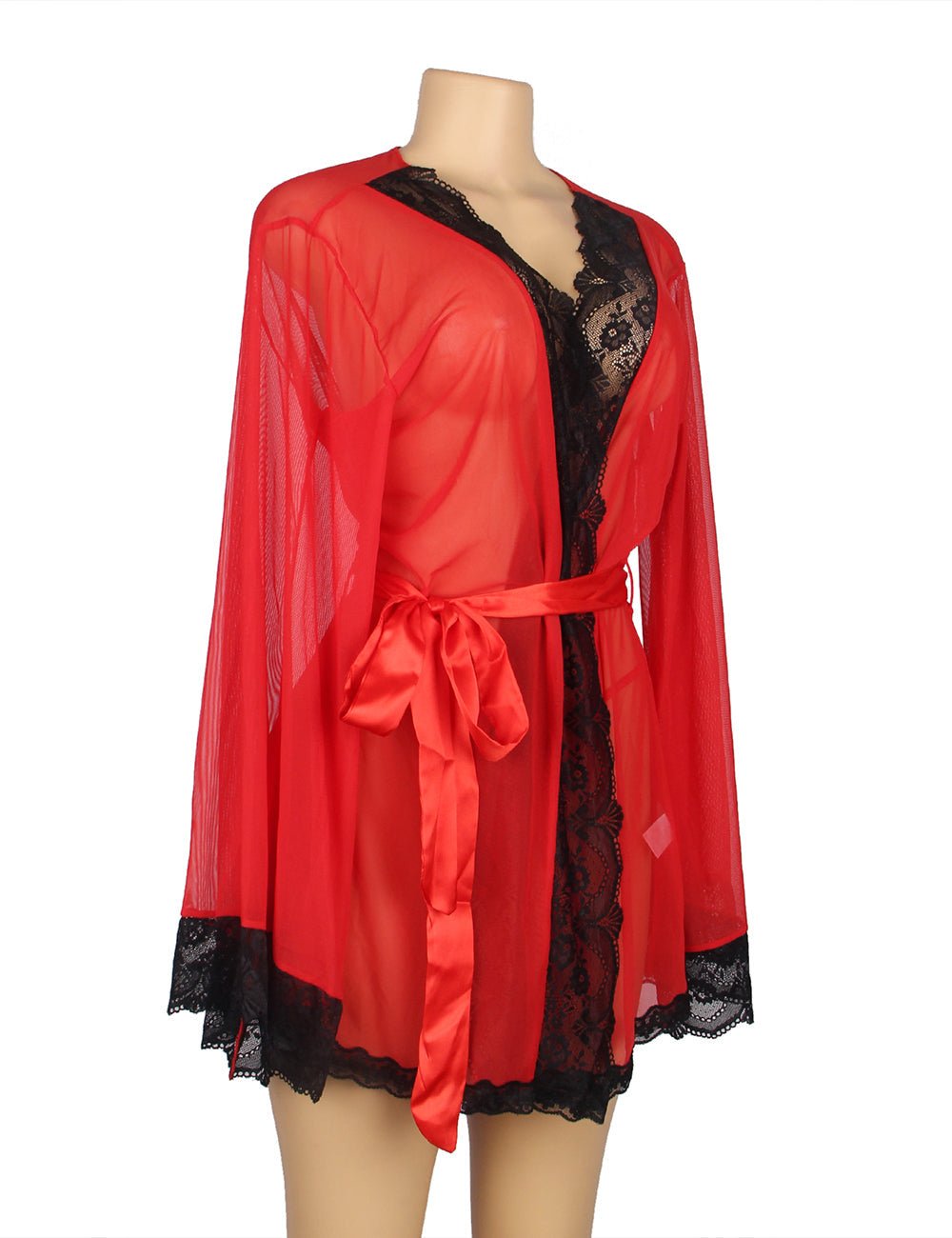 Red Mesh Open - Front Robe with Bell Sleeves, Lace Trim at Cuffs, Front & Hem, Faux Silk Belt & Thong Set - TeaseFashion