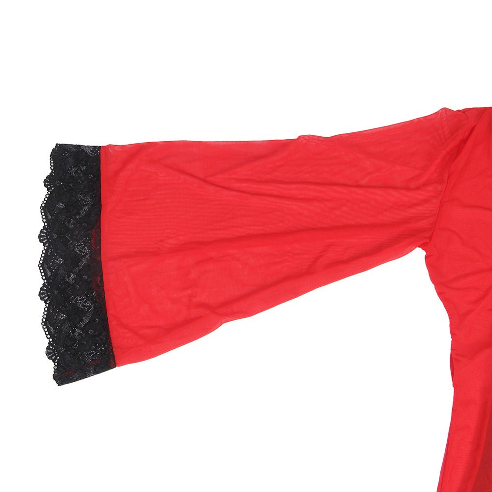 Red Mesh Open - Front Robe with Bell Sleeves, Lace Trim at Cuffs, Front & Hem, Faux Silk Belt & Thong Set - TeaseFashion
