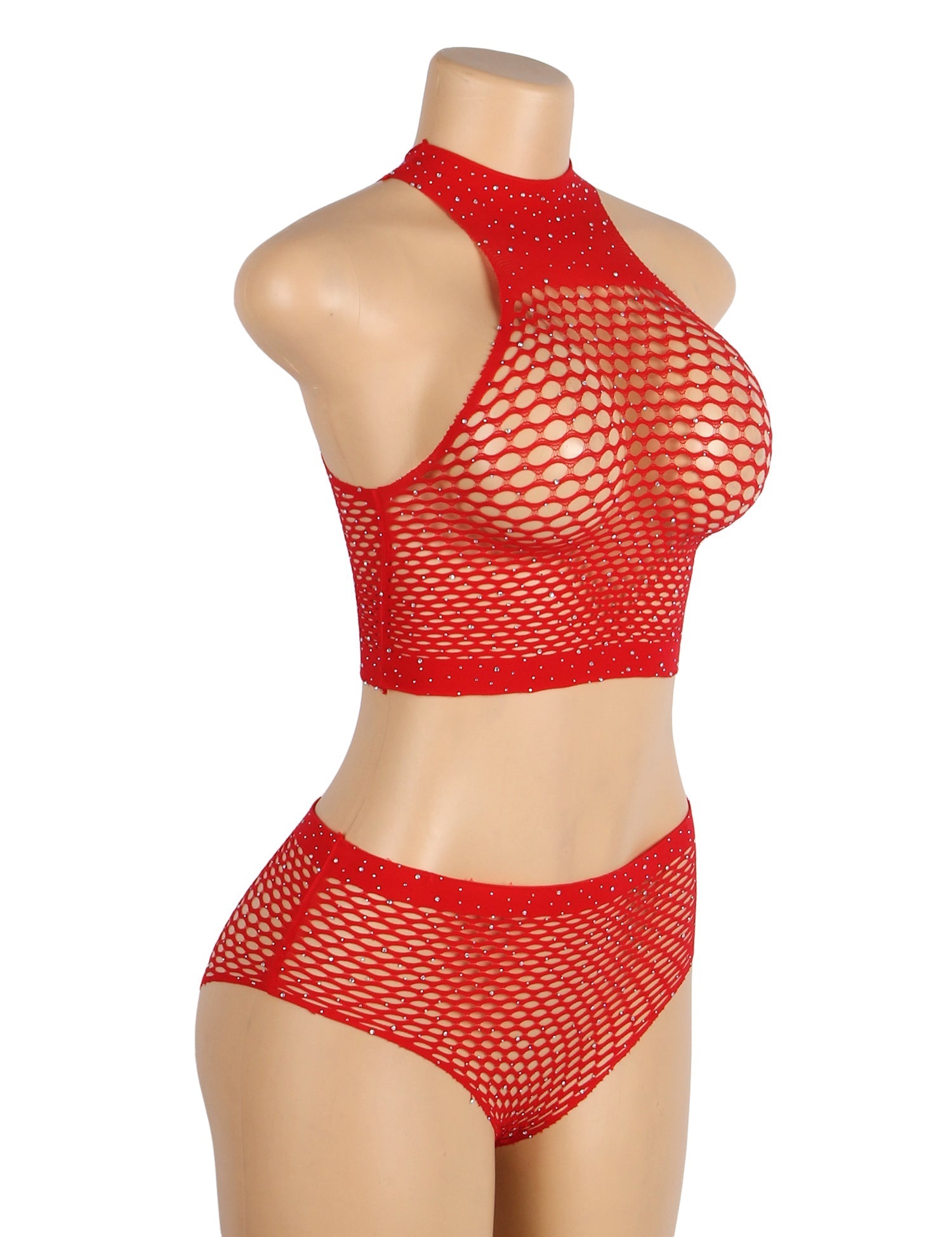 Red Mid - High Collar Rhinestone Bikini Top & Shorts Set - TeaseFashion