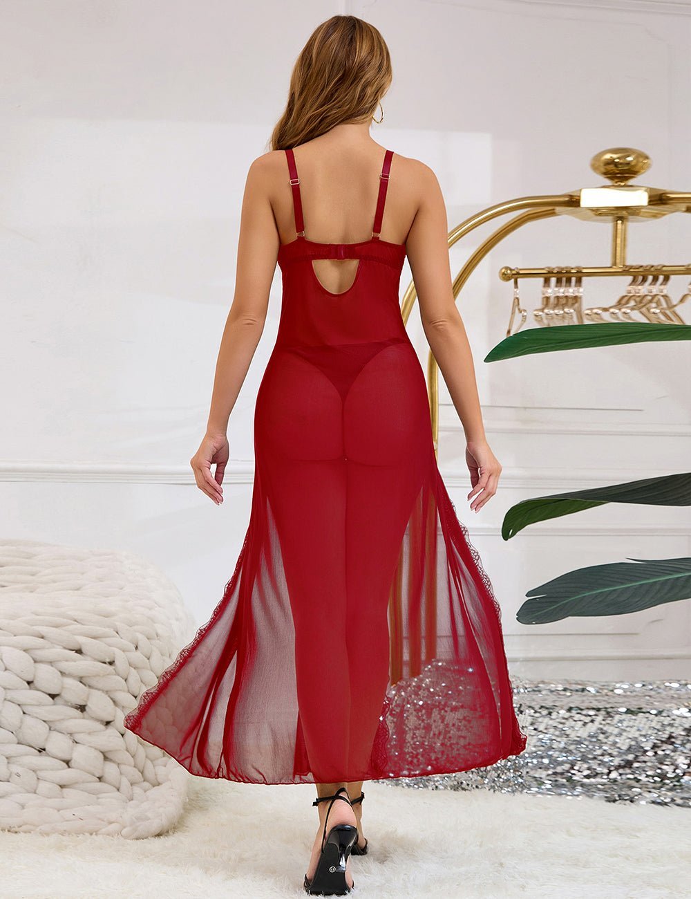 Red Mesh & Lace Nightgown – Open Back, Heart Neckline, Front Slit & T - Back - TeaseFashion