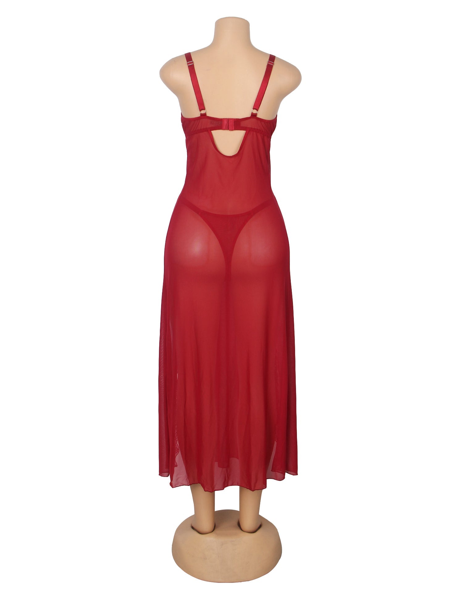 Red Mesh & Lace Nightgown – Open Back, Heart Neckline, Front Slit & T - Back - TeaseFashion