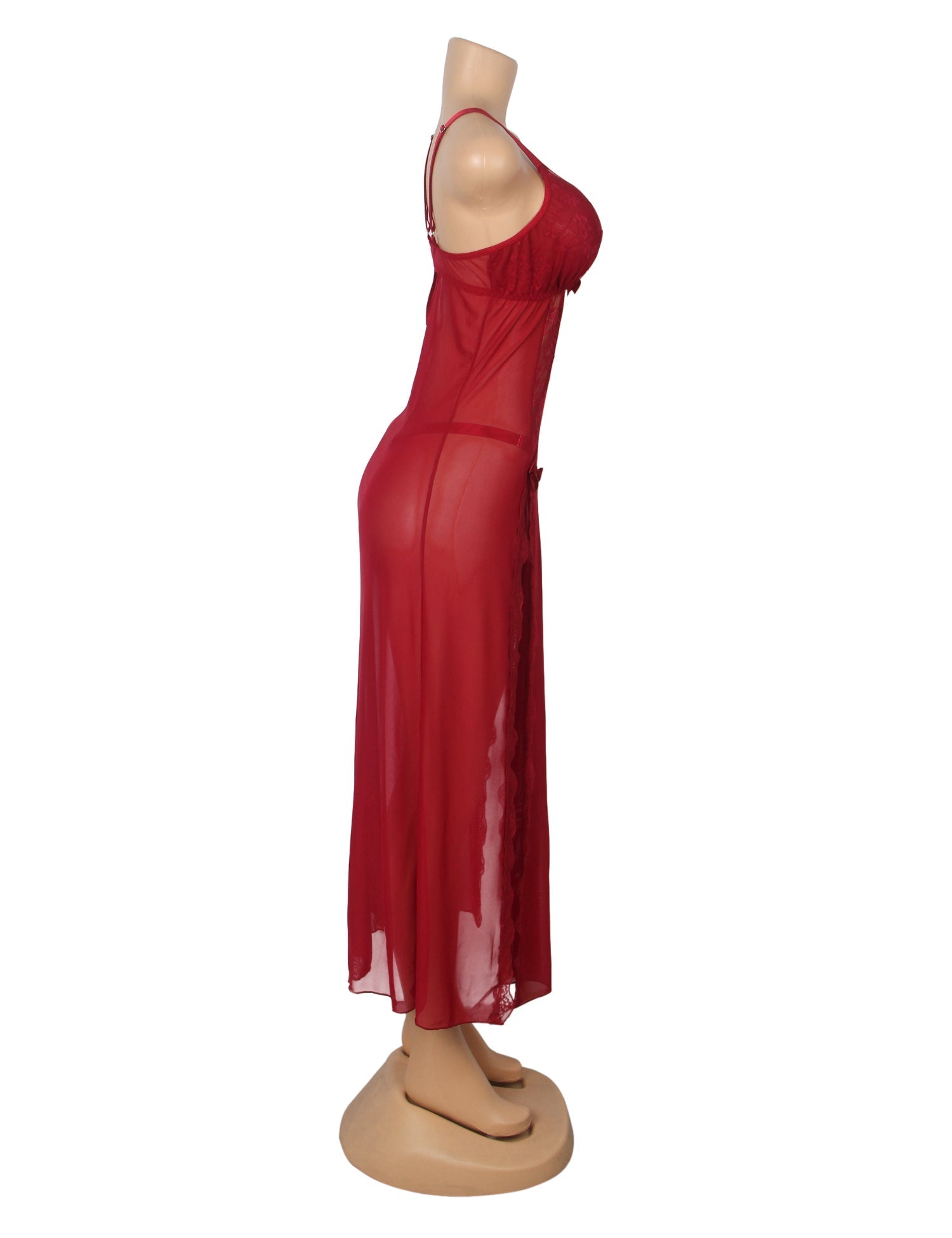 Red Mesh & Lace Nightgown – Open Back, Heart Neckline, Front Slit & T - Back - TeaseFashion