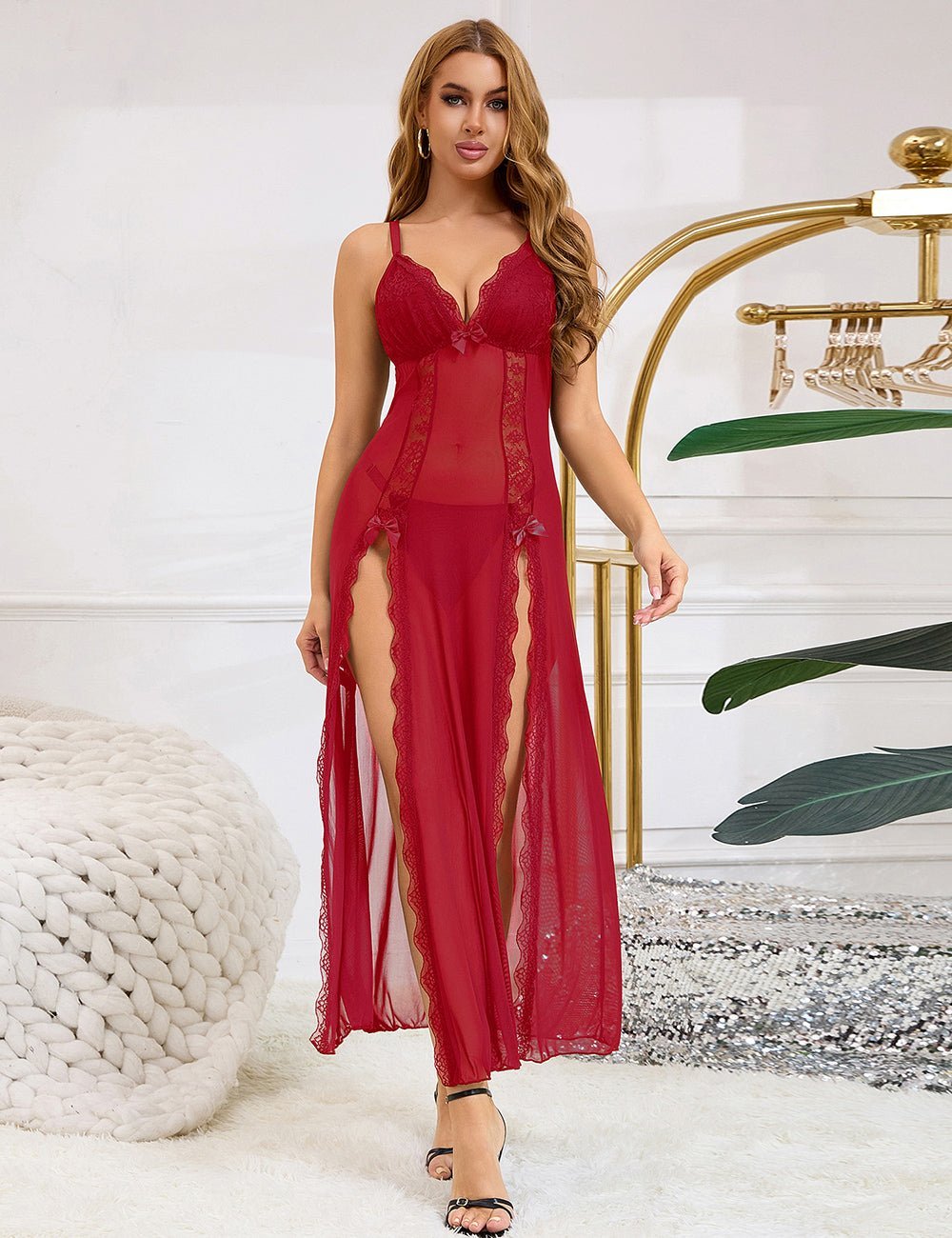 Red Mesh & Lace Nightgown – Open Back, Heart Neckline, Front Slit & T - Back - TeaseFashion