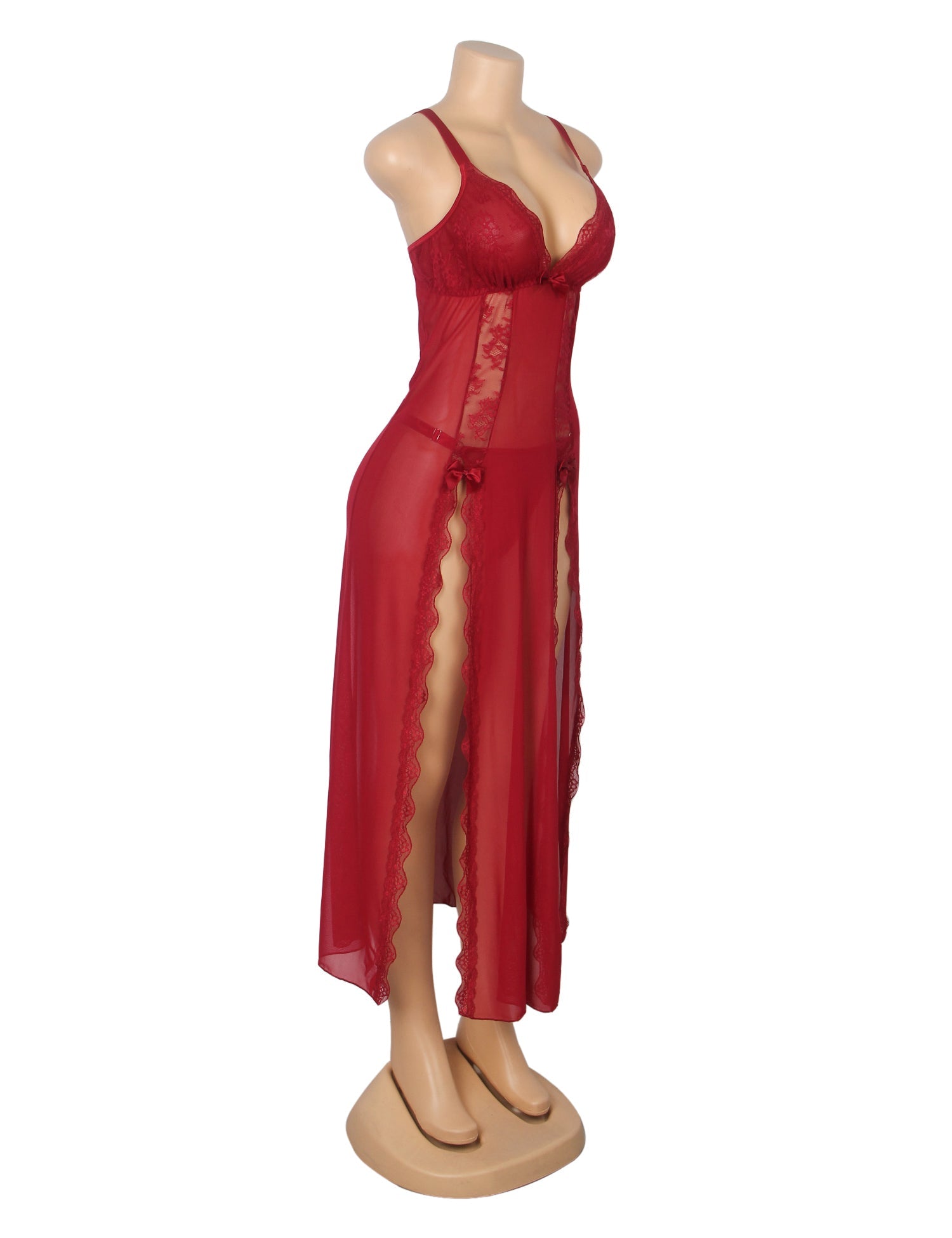 Red Mesh & Lace Nightgown – Open Back, Heart Neckline, Front Slit & T - Back - TeaseFashion