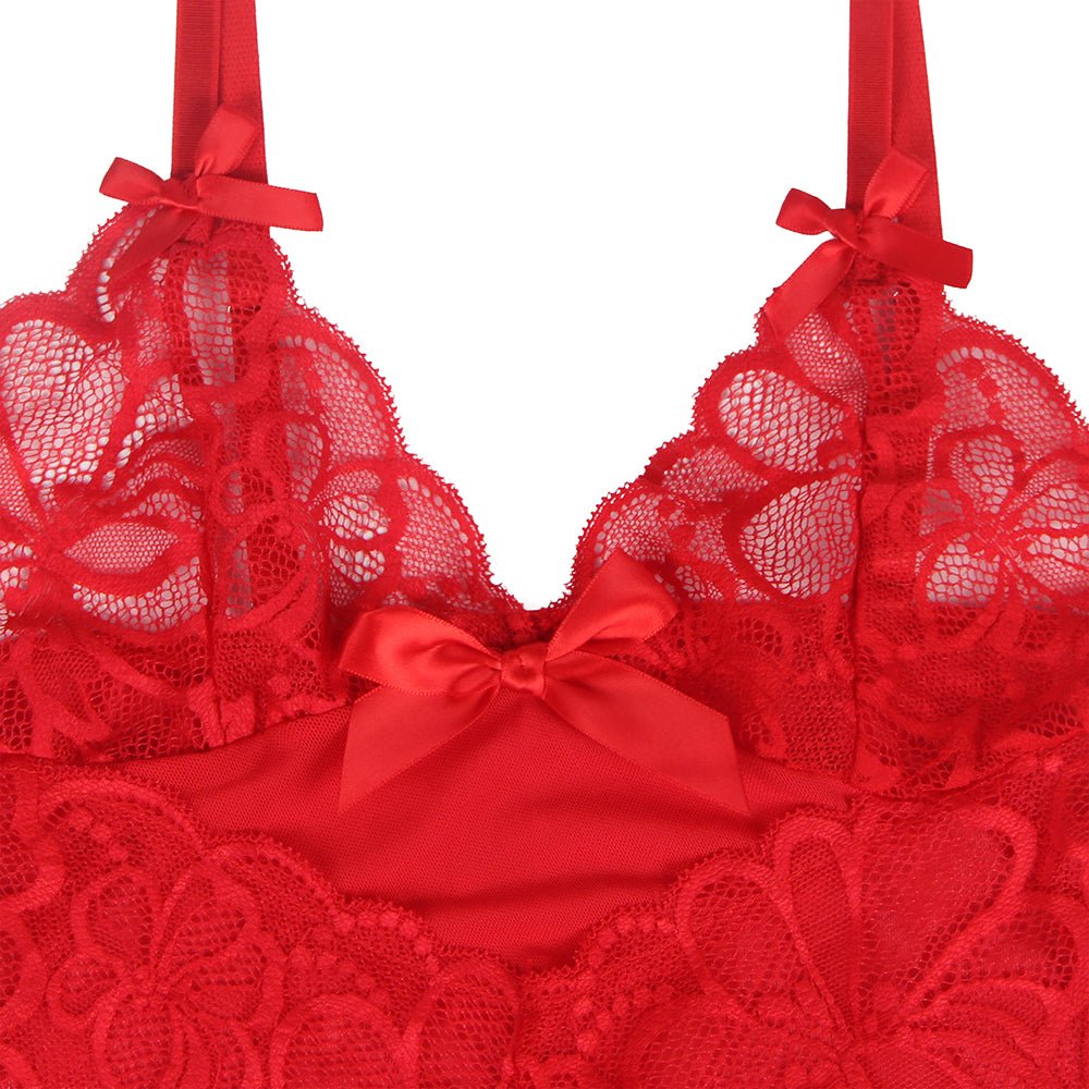Red Sheer Mesh & Lace Babydoll with V - Panel Lace Insert, Bow Detail & Scalloped Hem - TeaseFashion