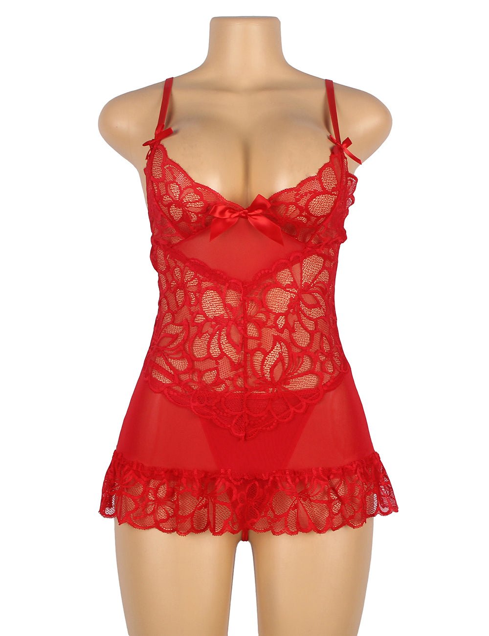 Red Sheer Mesh & Lace Babydoll with V - Panel Lace Insert, Bow Detail & Scalloped Hem - TeaseFashion