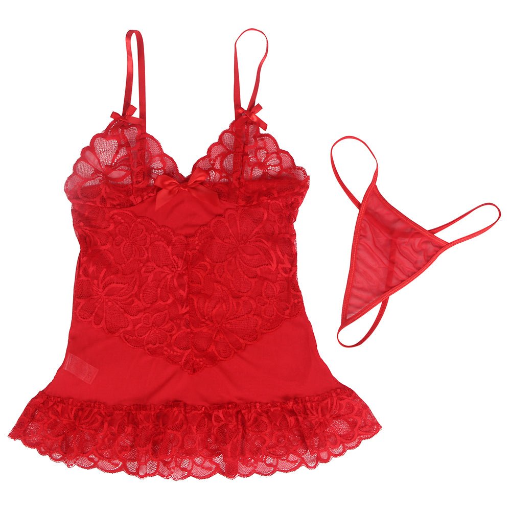 Red Sheer Mesh & Lace Babydoll with V - Panel Lace Insert, Bow Detail & Scalloped Hem - TeaseFashion