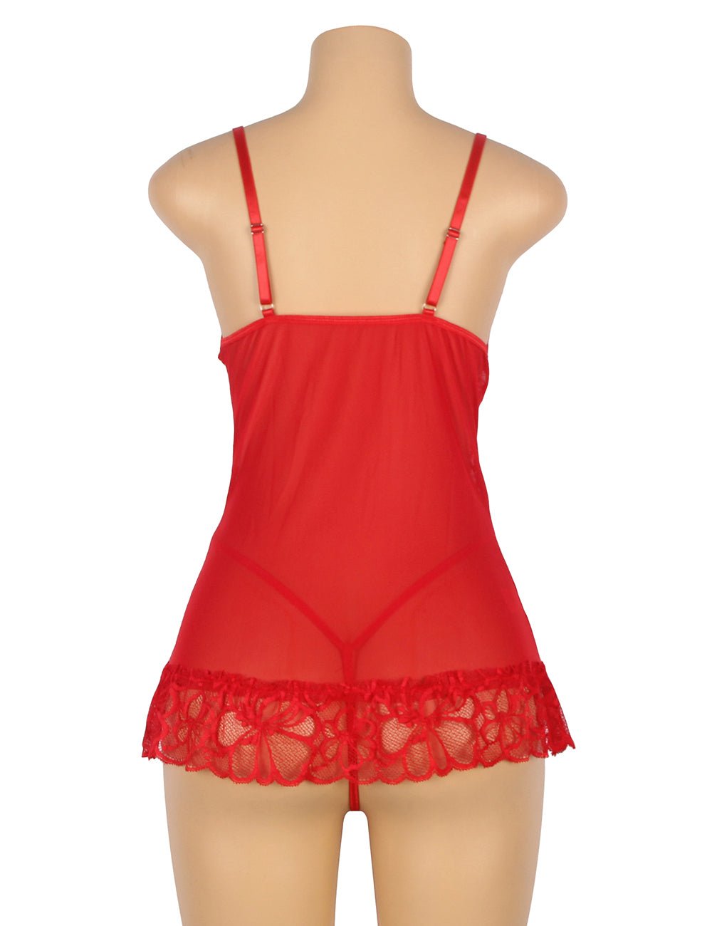 Red Sheer Mesh & Lace Babydoll with V - Panel Lace Insert, Bow Detail & Scalloped Hem - TeaseFashion