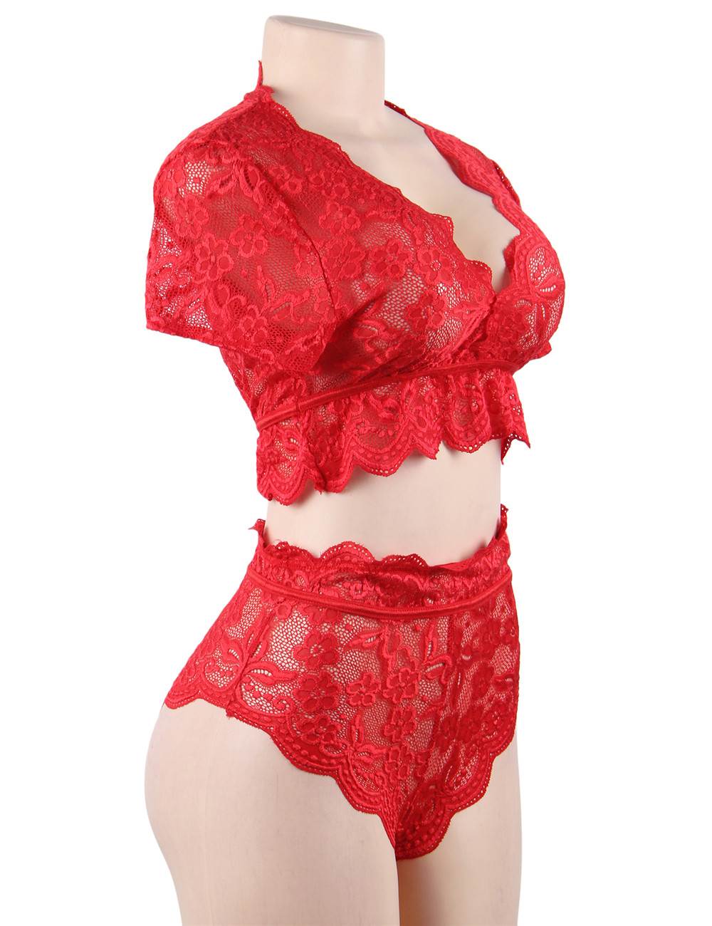 Red Shiny Lace Deep - V Crop Bra & High - Waist Panty Set - TeaseFashion