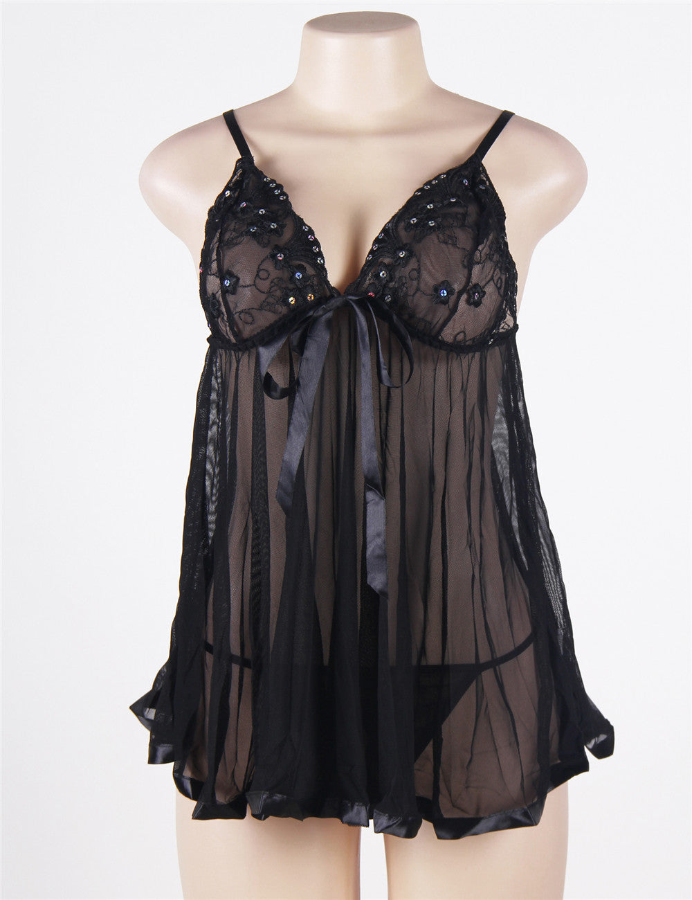 Teasefashion sexy black lace nightdress with sheer fabric and embellished cups on mannequin