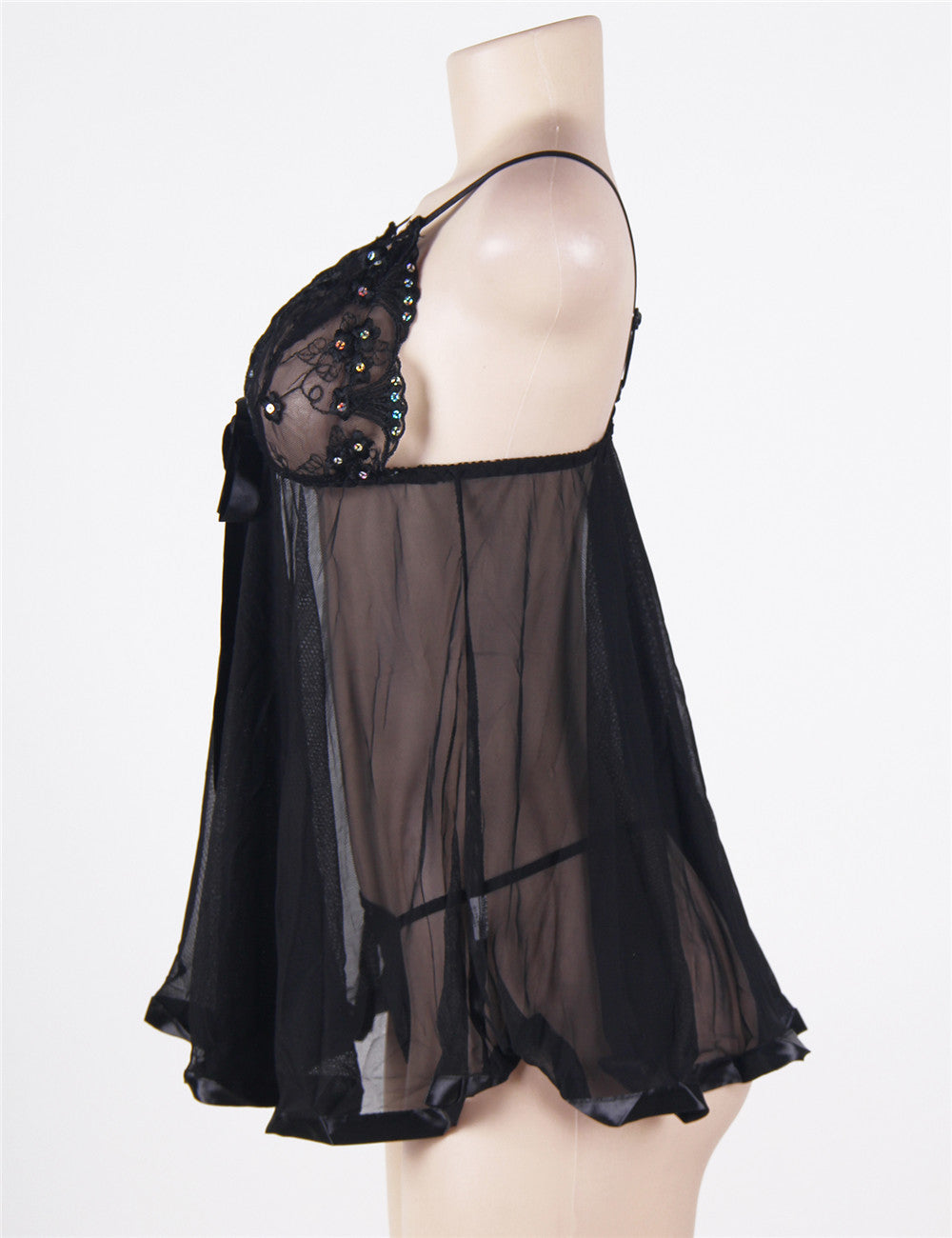 Teasefashion sexy black lace nightdress with sheer fabric and decorative bead details on front