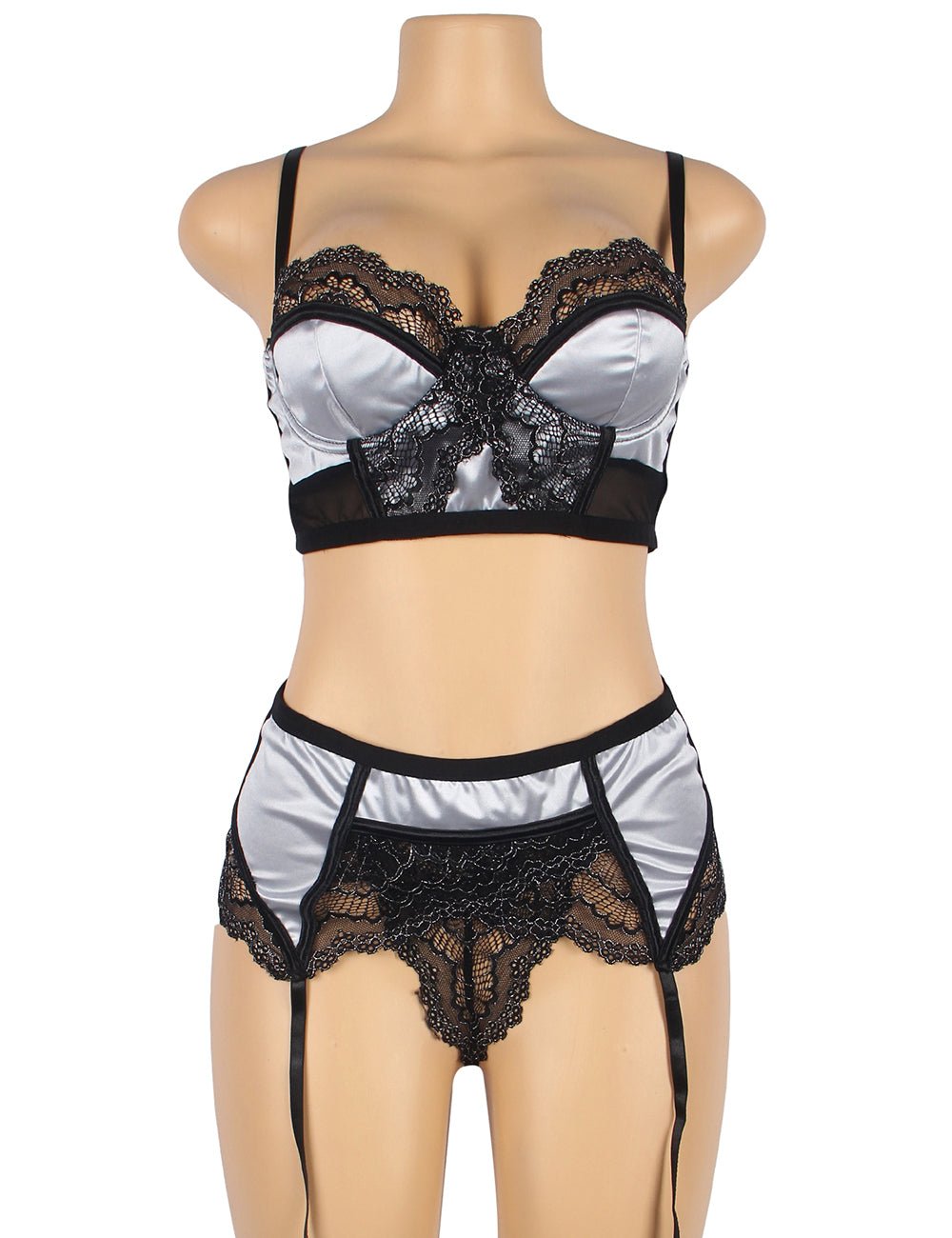 Silver Grey Lace & Mesh Bra Set with Suspender Belt – Underwire - TeaseFashion