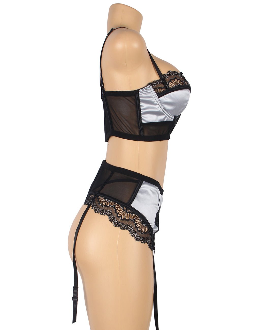 Silver Grey Lace & Mesh Bra Set with Suspender Belt – Underwire - TeaseFashion