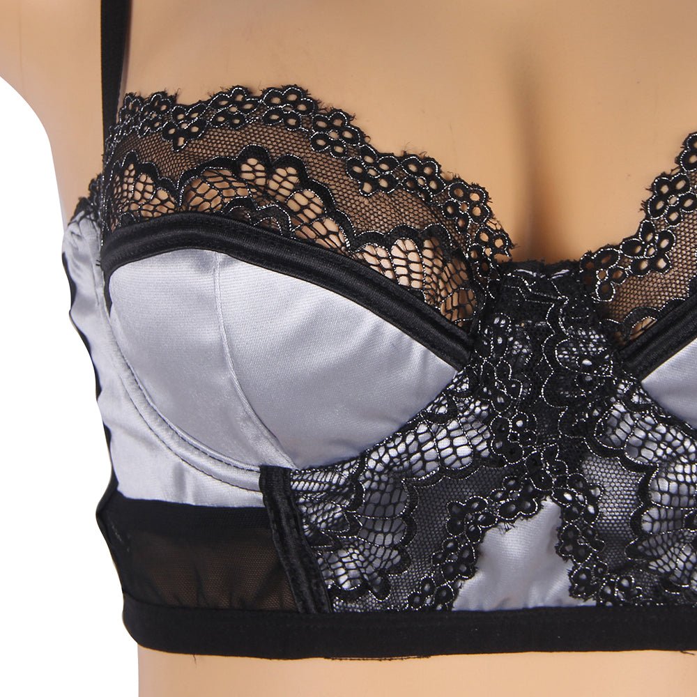 Silver Grey Lace & Mesh Bra Set with Suspender Belt – Underwire - TeaseFashion
