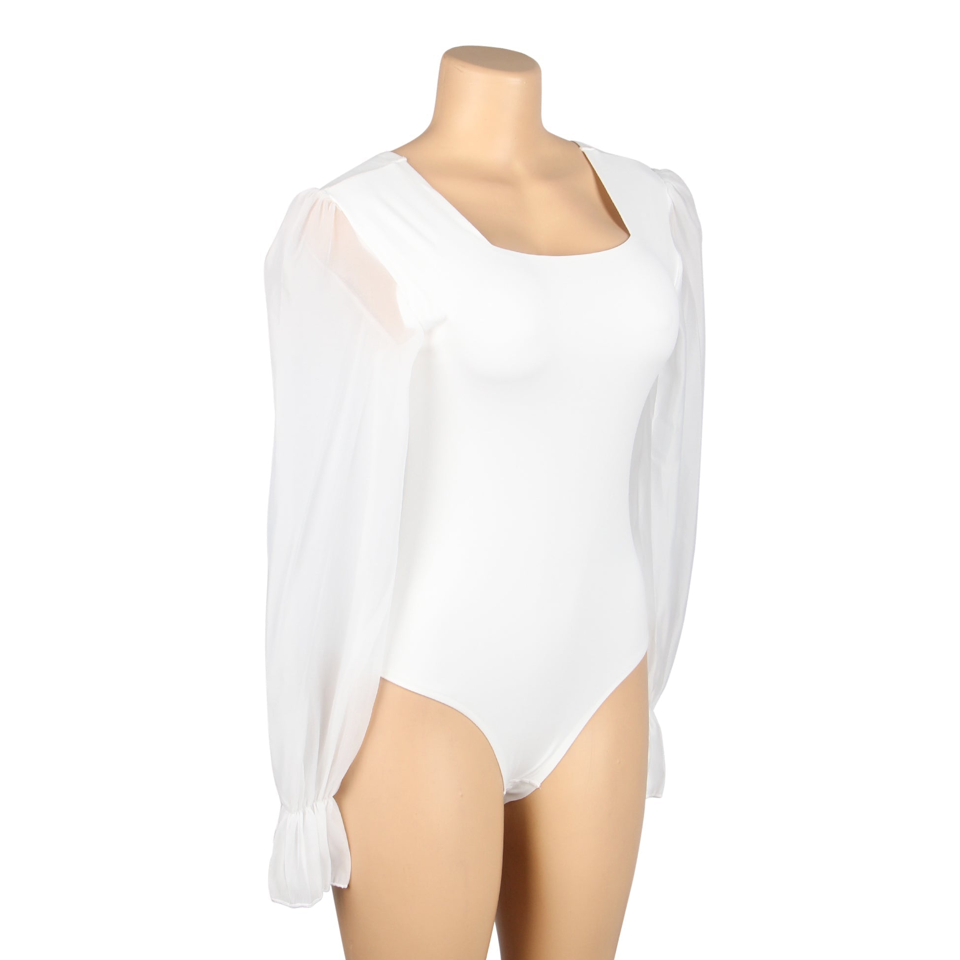 White Chiffon Puff - Sleeve Square - Neck Snap - Crotch Bodysuit - TeaseFashion