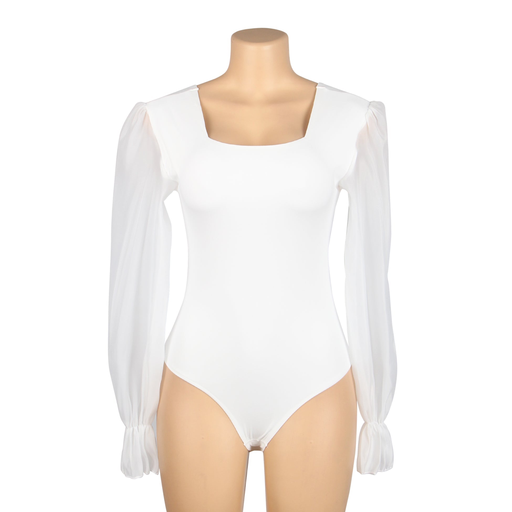 White Chiffon Puff - Sleeve Square - Neck Snap - Crotch Bodysuit - TeaseFashion