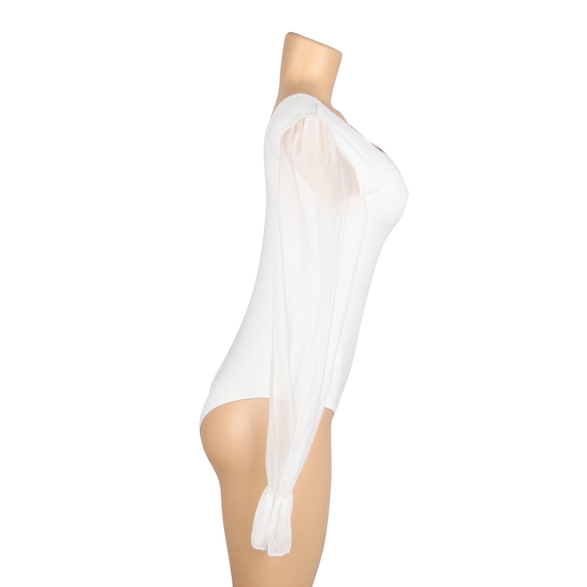 White Chiffon Puff - Sleeve Square - Neck Snap - Crotch Bodysuit - TeaseFashion