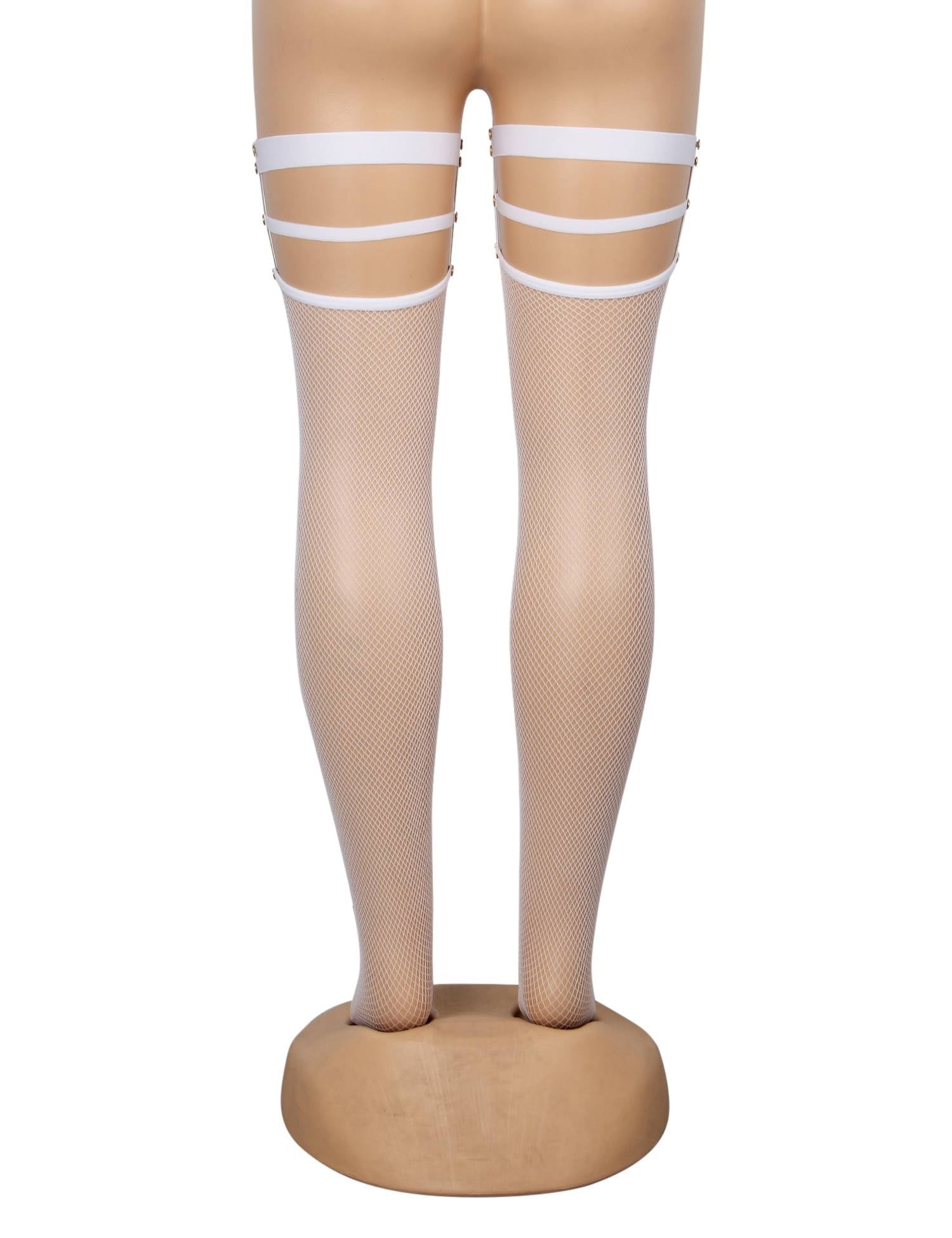 White Fine - Mesh Fishnet Thigh - High Stockings with Studded Elastic Top Band - TeaseFashion