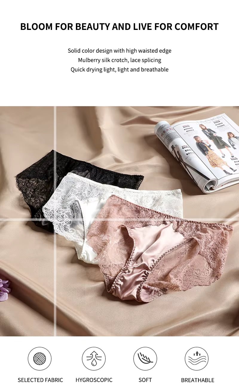 White French Elegant Lace Edge Floral Print Silk Brief for Soft Comfort and Feminine Everyday Luxury - TeaseFashion