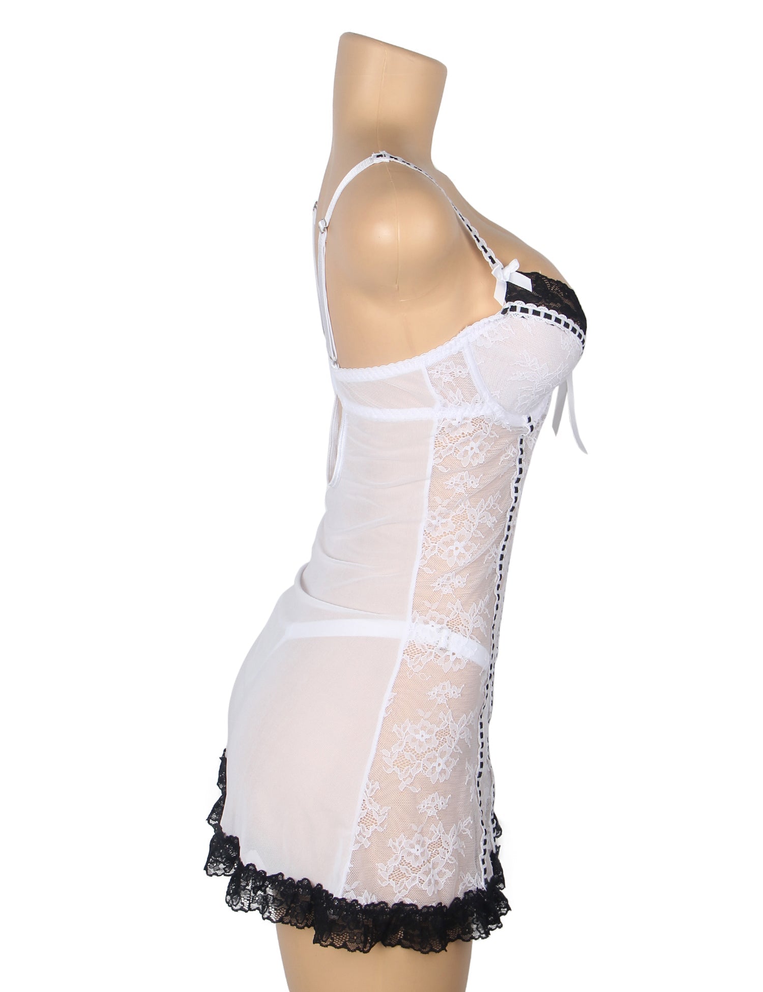 White Lace Babydoll with Ruffle Swing Hem, Underwire, Hollow Back, Bow Accent & Lace T - Pants Set - TeaseFashion