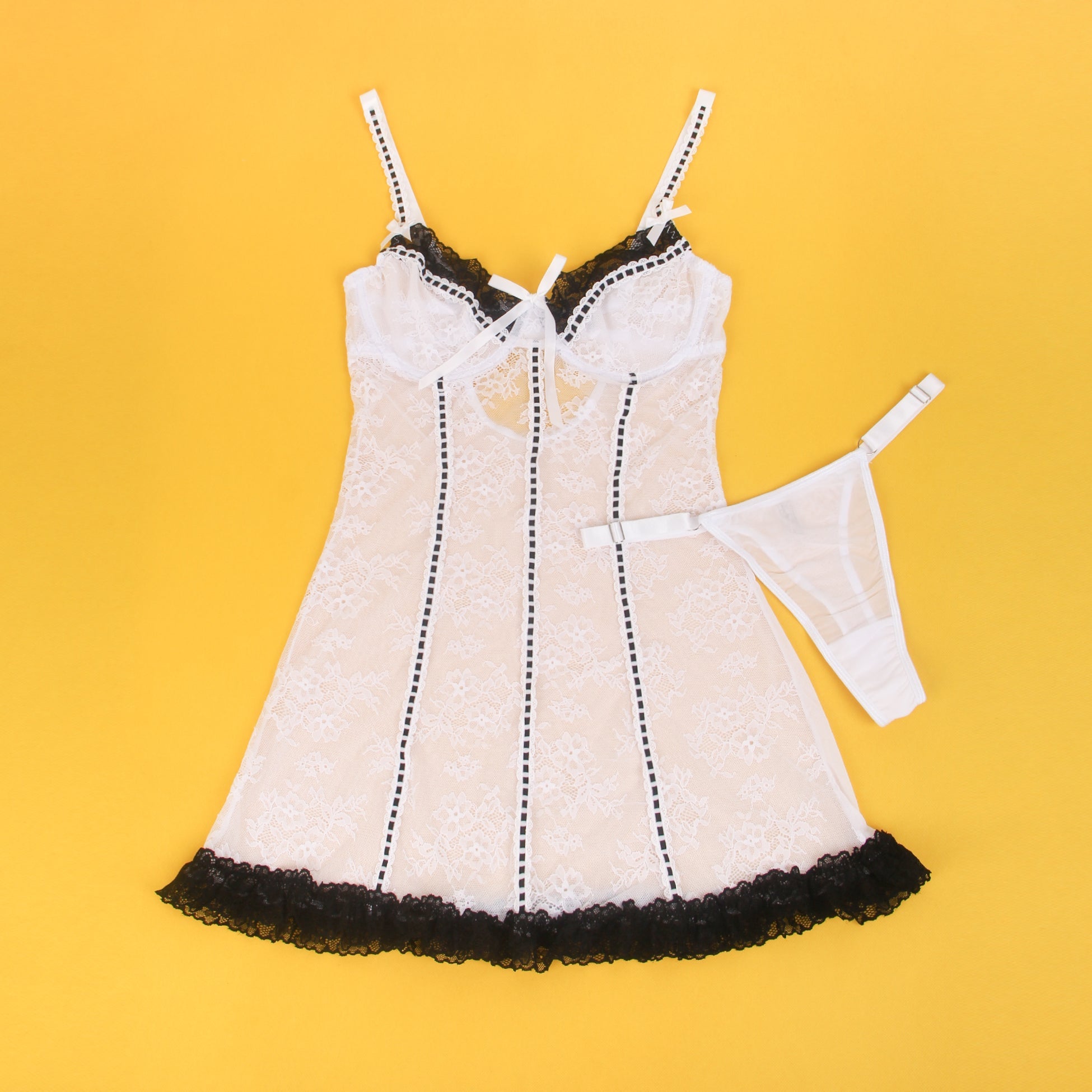 White Lace Babydoll with Ruffle Swing Hem, Underwire, Hollow Back, Bow Accent & Lace T - Pants Set - TeaseFashion